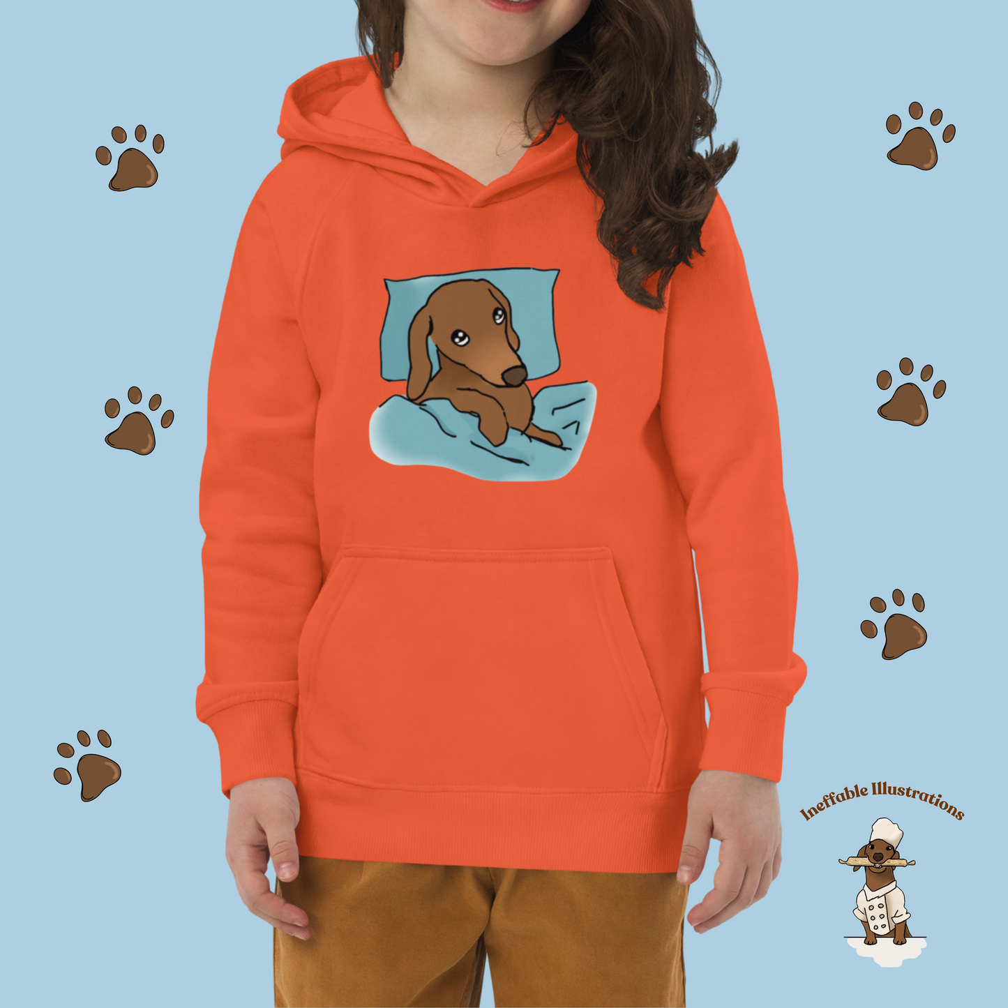 Kids Eco Hoodie with Sleepy Dachshund Oliver Illustration, Hand Illustrated, Cute Eco-Friendly Sweatshirt, Perfect Gift for Children