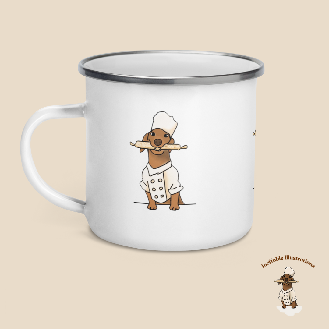 Mug. Enamel Mug "Oliver cooking". Cute Sausage Dog Chef Mug for Cooking & Coffee Lovers, Unique Gift for Dog Owners