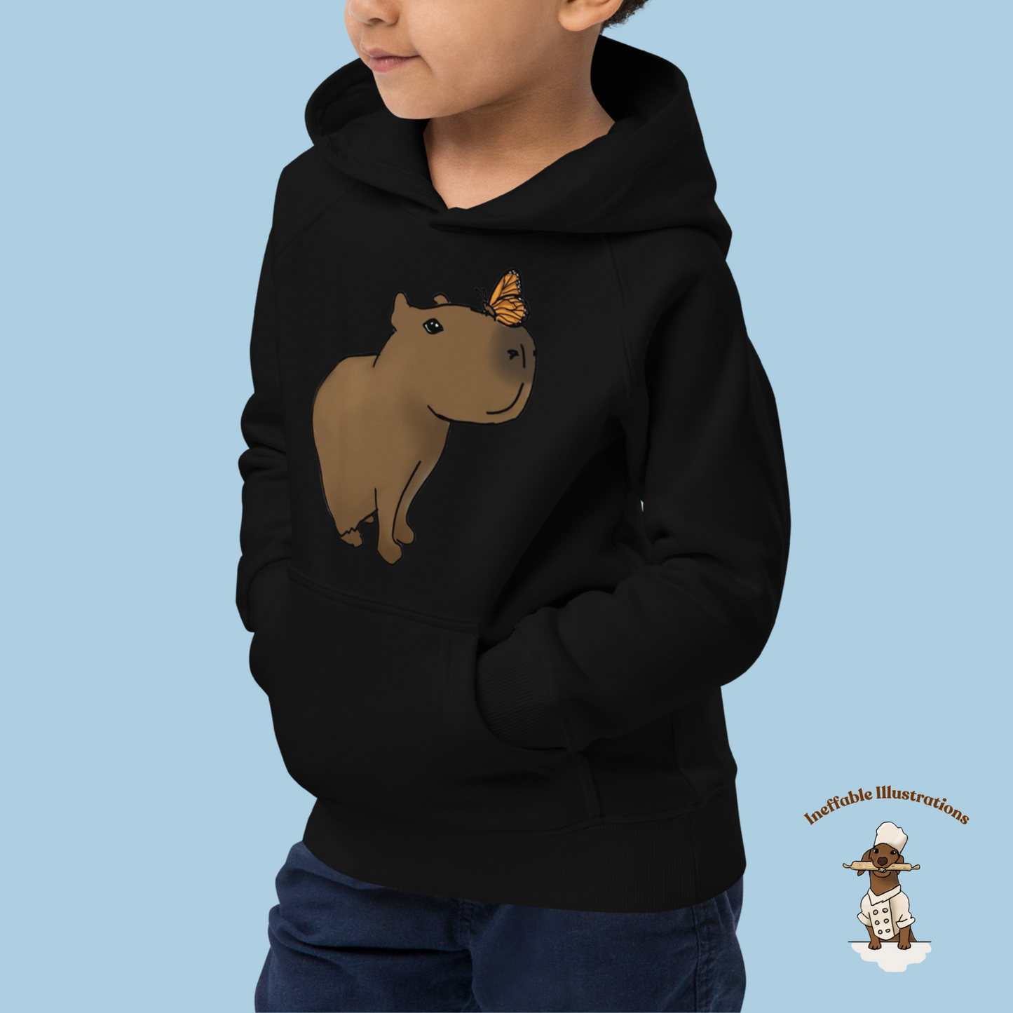 Kids Eco Hoodie with Capybara Jolly and Butterfly Design Drawn by Hand | Comfortable Organic Cotton Sweatshirt for Boys and Girls