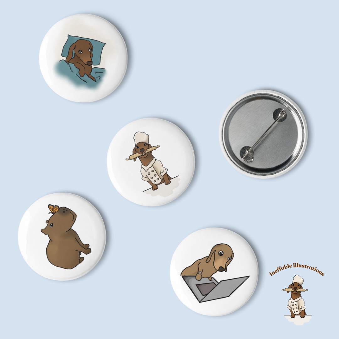 Set of Pin Buttons "Oliver and his friends", Hand Drawn Illustrations of Dachshund Oliver, Capybara Jolly & Cat Ralph, Cute Animal Friends Gifts