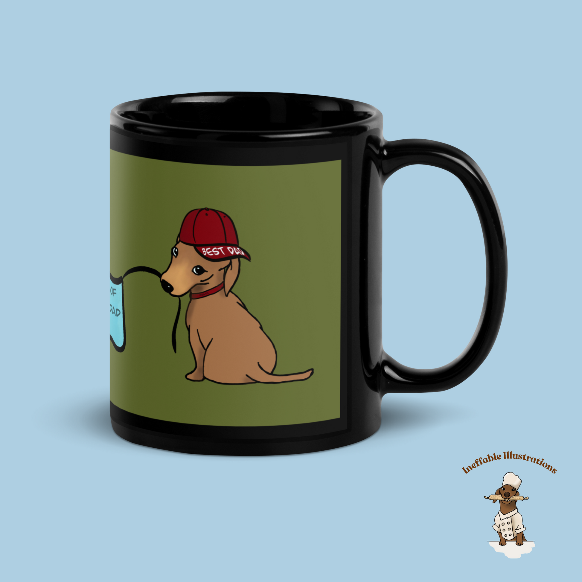 Black Glossy Dad Mug with Cute Hand Drawn Dachshunds Holding Sign - Best Dad Ever Coffee Cup Gift for Fathers Day - Ineffable Illustrations