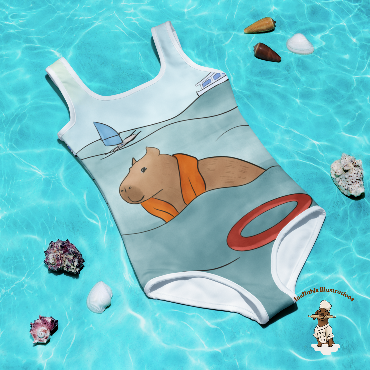 Kids Swimsuit with Cute Hand Drawn Capybara Jolly Enjoying Summer In The Sea Design, Toddler Bathing Suit, Beachwear for Girls