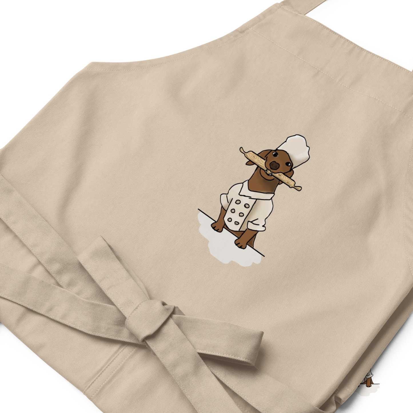 Organic cotton apron with the cute image of sausage dog chef