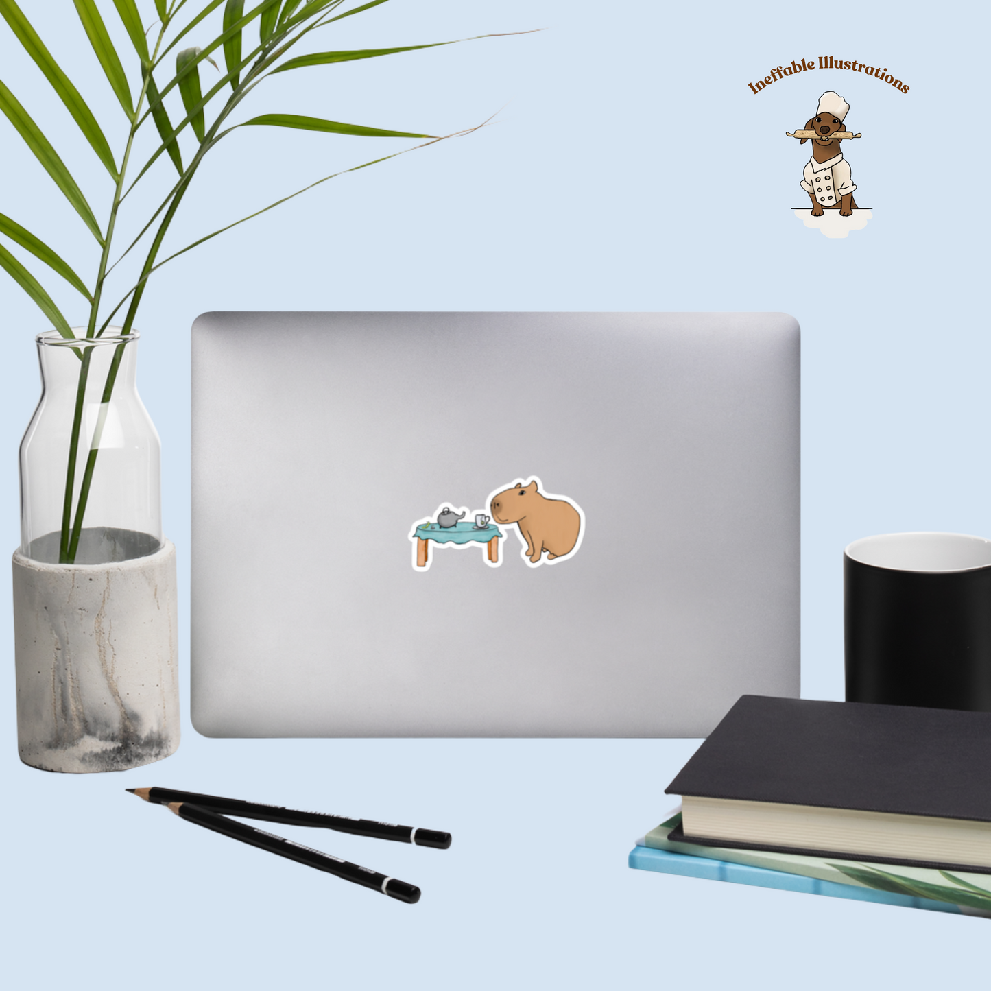 Bubble Free Sticker: Capybara  Drinking Tea with Caterpillar, Cute Animal Decals for Laptops & Journals