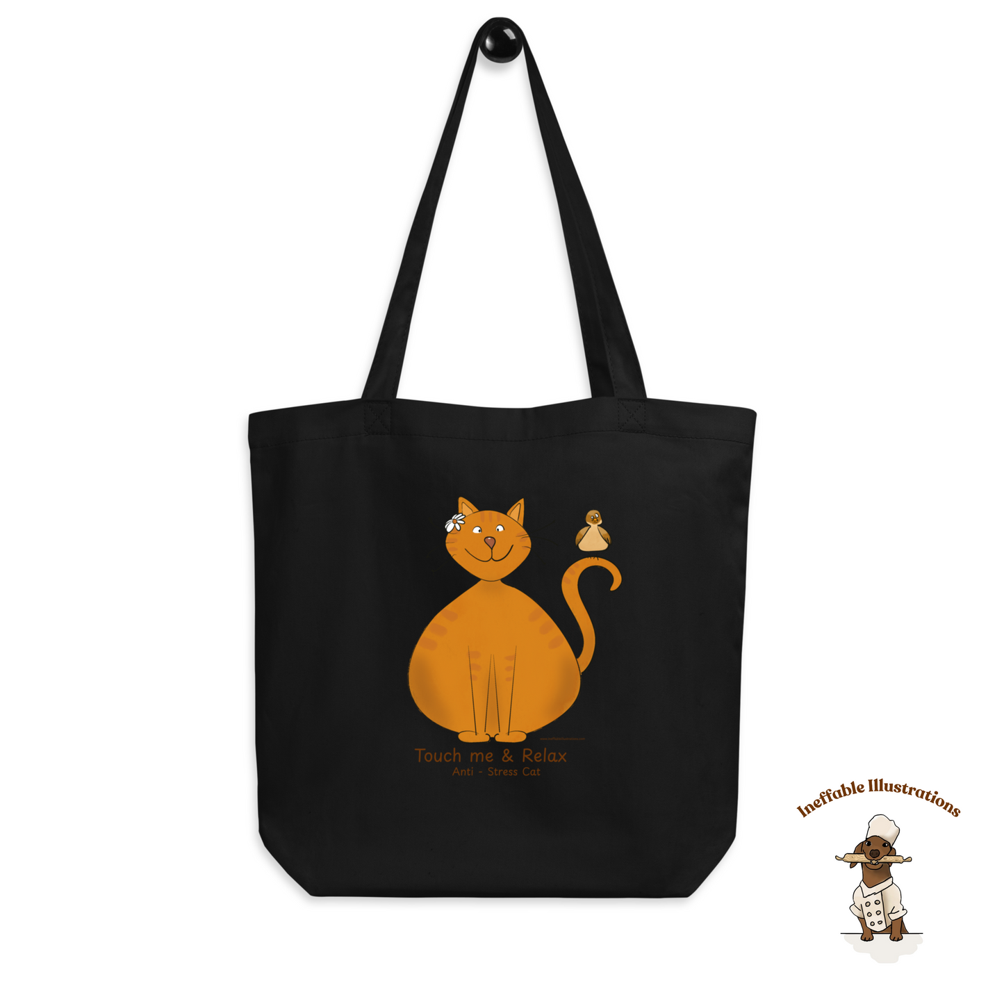 Funny Ginger Cat Tote Bag – Hand-Drawn Anti-Stress Cat with Relaxed Bird on Tail Design | Eco-Friendly Cotton Canvas Reusable Shopping Bag - Ineffable Illustrations