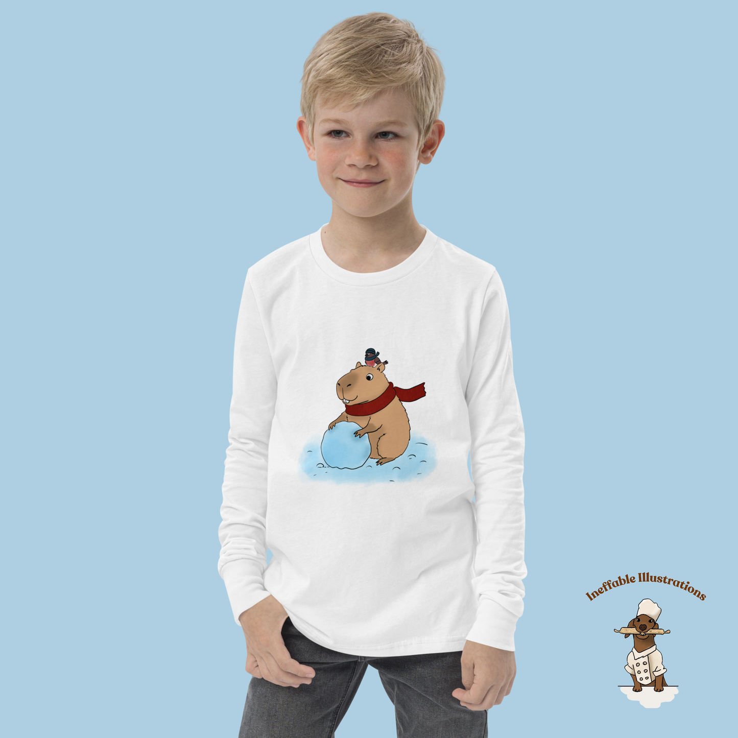 Jolly Capybara Christmas Youth Long Sleeve Tee - Festive Winter Snowman Design