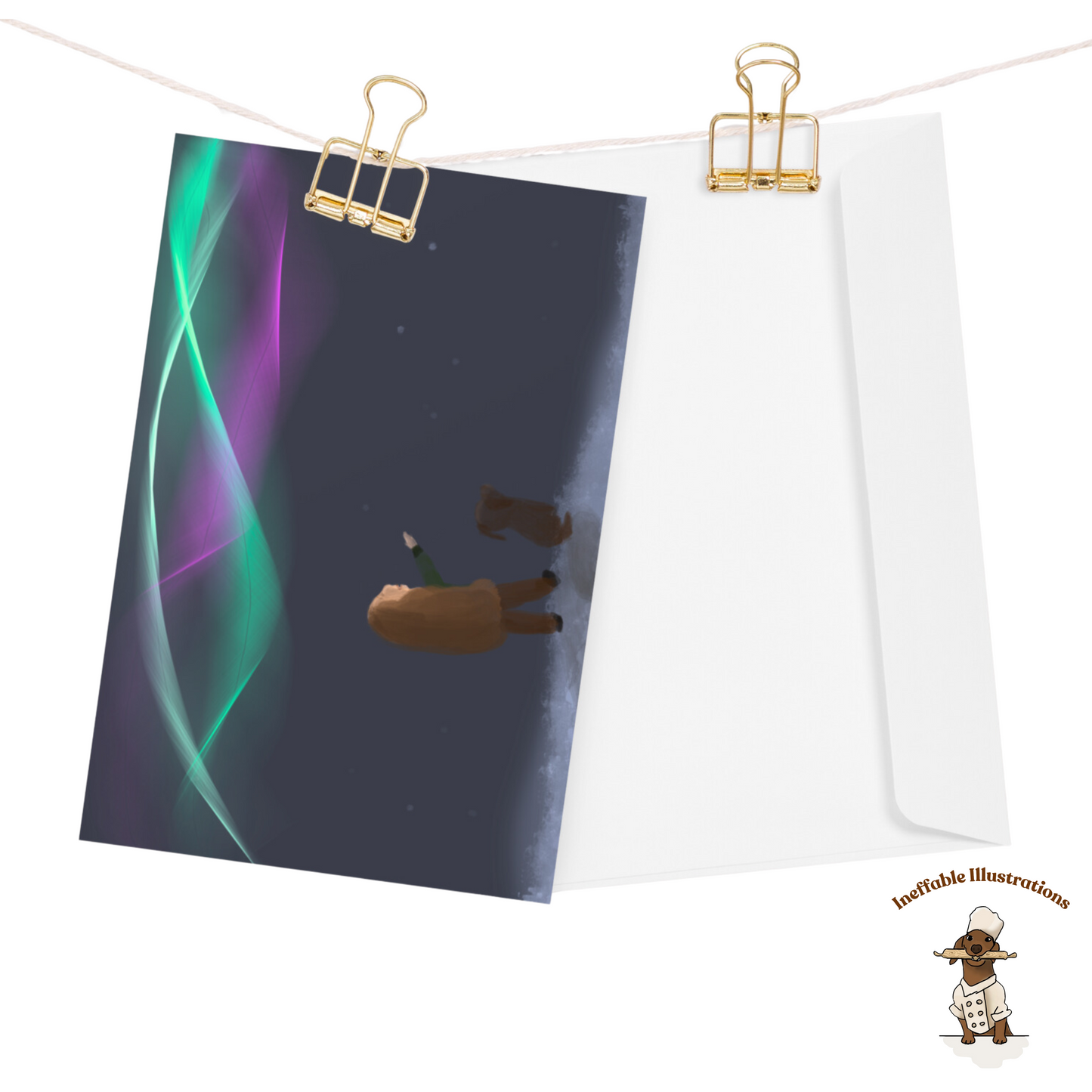 Winter Magic Greeting Card | Little Girl Molly & Dachshund Oliver Watching Northern Lights | Cozy Holiday Gift, Hand-Drawn Design