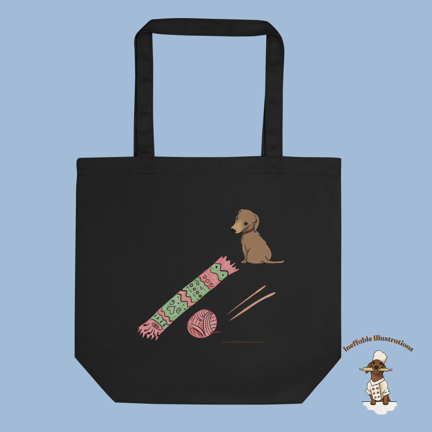 Eco Tote Bag with Cute Dachshund Oliver, Yarn, Knitting Needles and Knitted Scarf, Perfect for Dog Lovers & Crafters, Reusable Shopping Tote