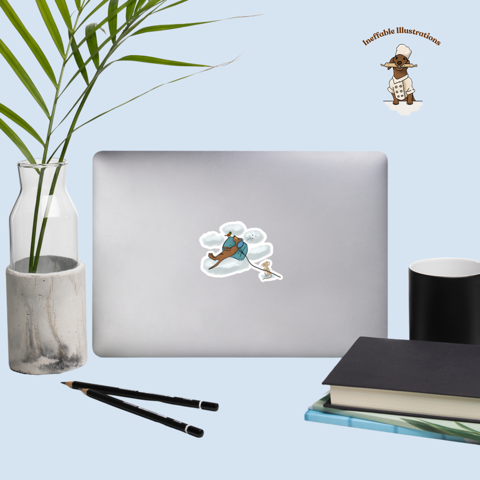 Dachshund Oliver & Mouse Pedro Bubble-Free Stickers, Cute Music and Clouds Design, Durable Vinyl Decals for Laptops and Water Bottles - Ineffable Illustrations