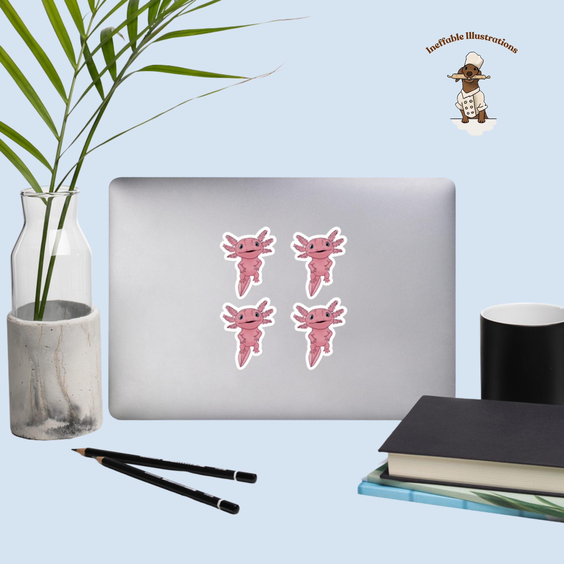 Cute Axolotl Alex Stickers Bubble Free, Waterproof Decorative Decals for Laptops, Phones & Notebooks - Ineffable Illustrations