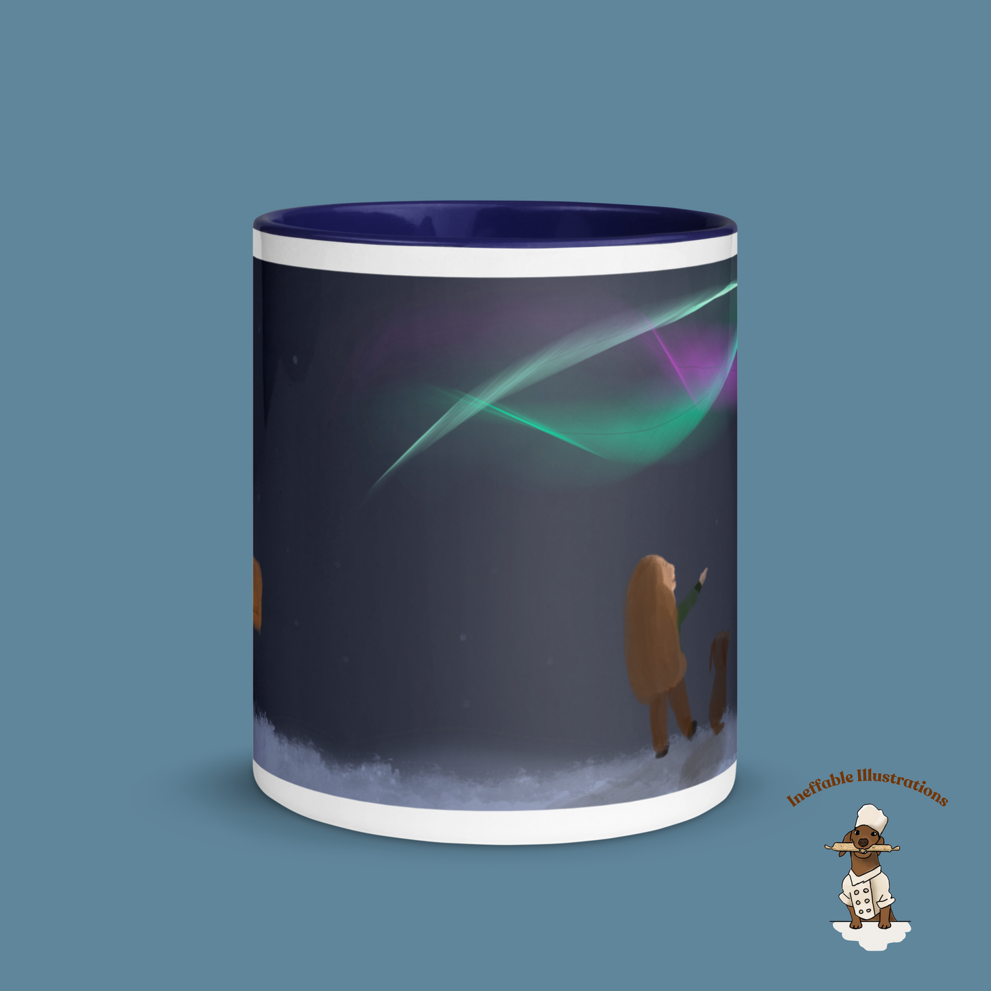 Christmas Mug. Magic Christmas Mug with Little Girl Molly & dachshund Oliver Watching Northern Lights | Cozy Holiday Gift, Colored Inside. Drawn by hand