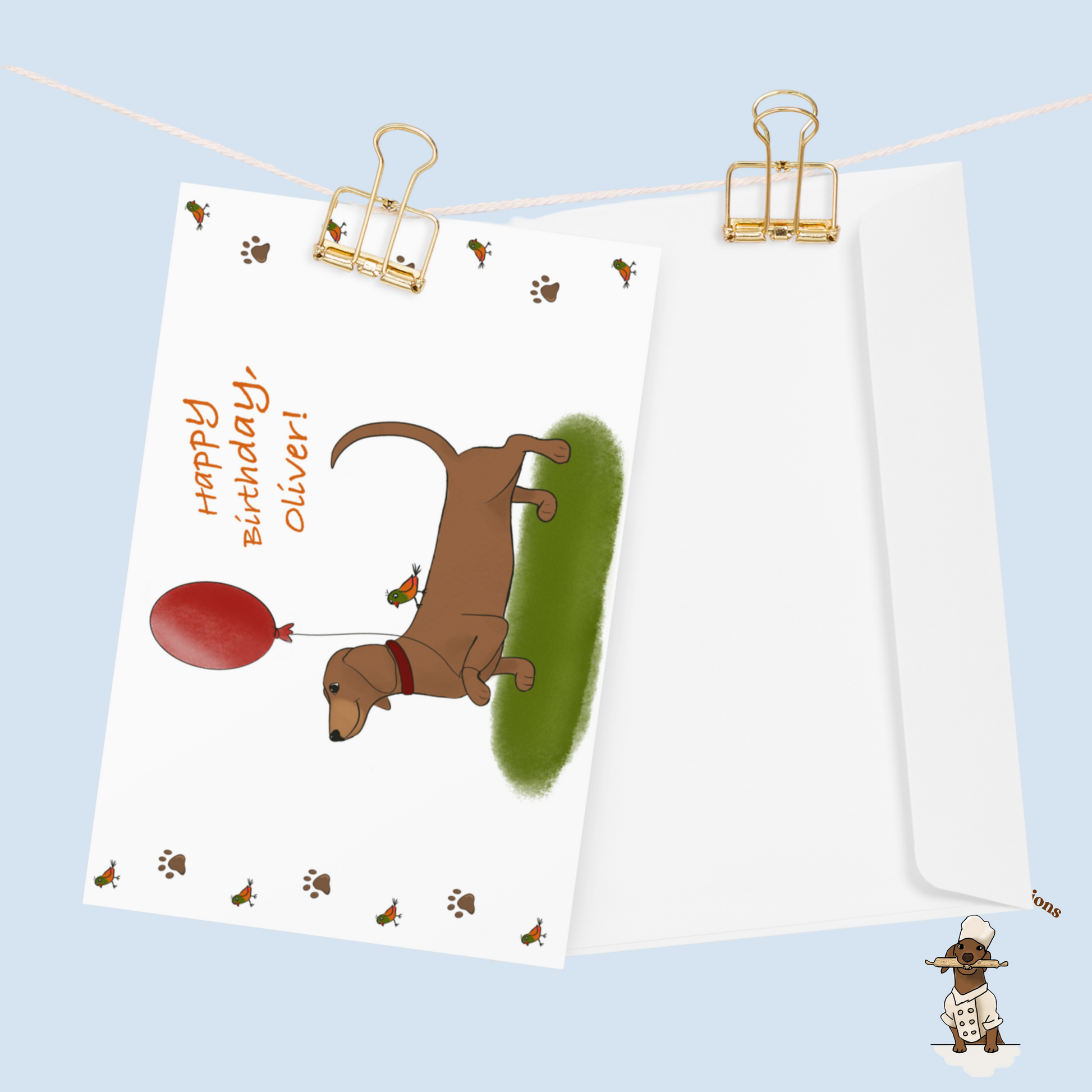 Personalized Birthday Card Dachshund Oliver with Balloon & Cute Bird, Custom Dog Greeting Card for Kids and Adults - Ineffable Illustrations
