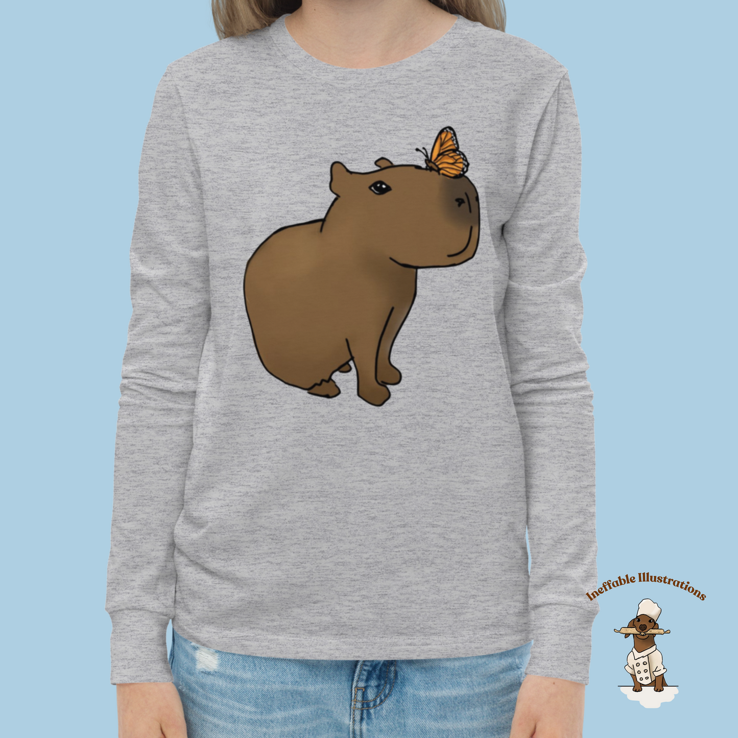 Kid Shirt. Cute Youth Long Sleeve Capybara Jolly Shirt, Handcrafted Design by Teen, Soft Airlume Cotton