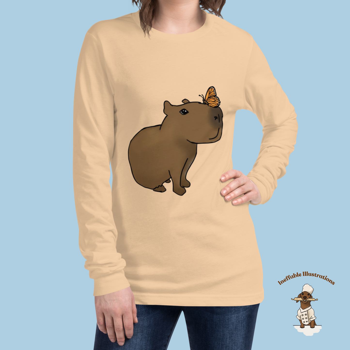 Shirt. Unisex Long Sleeve Shirt with cute Capybara Jolly with butterfly illustration, drawn by hand. Capybara shirt