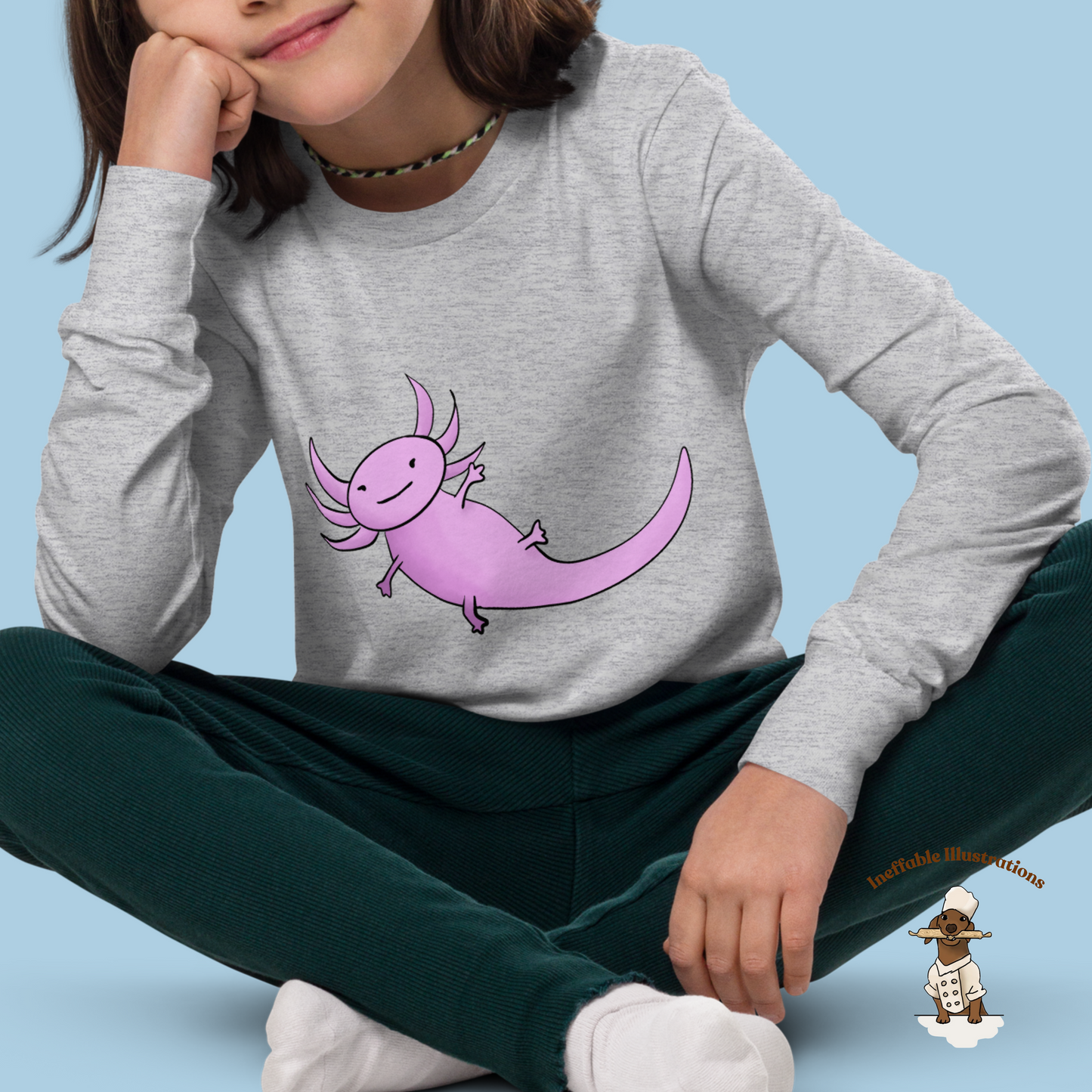 Axolotl Long Sleeve Tee | Hand Drawn Illustration | Cute Youth T-Shirt | Perfect Gift for Kids & Teens