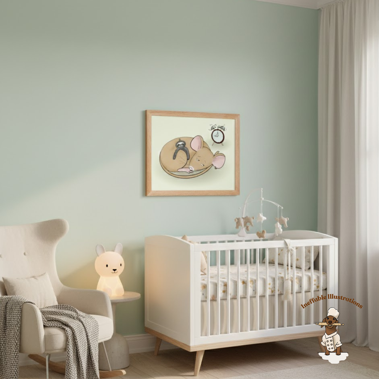 Sleepy Pedro Mouse with Sloth Toy - Nursery & Kids Room Framed Poster (Green)