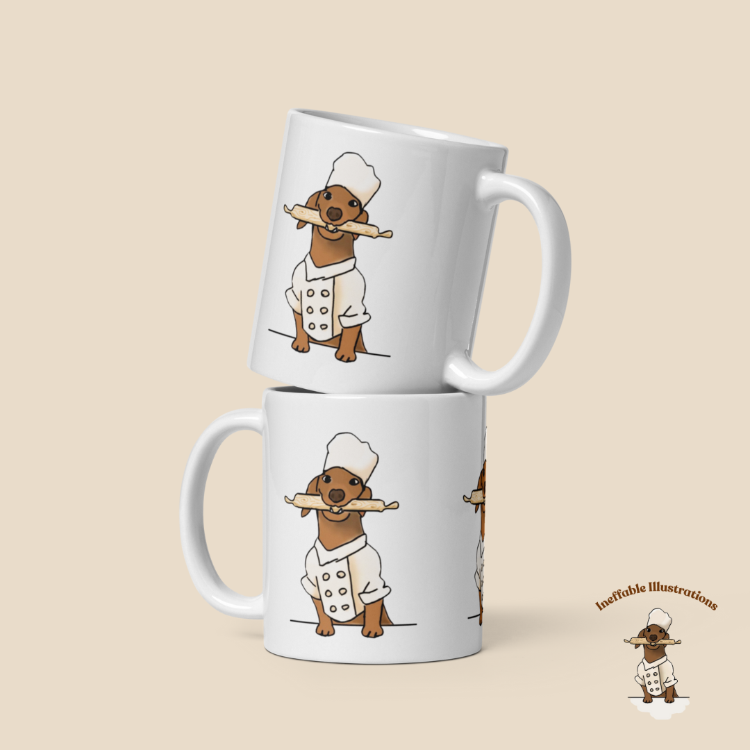 Mug "Oliver cooking". Sausage Dog Chef Mug, Cute White Glossy Coffee Cup, Adorable Dachshund Gift, Dog Lover's Kitchen Decor & Accessories