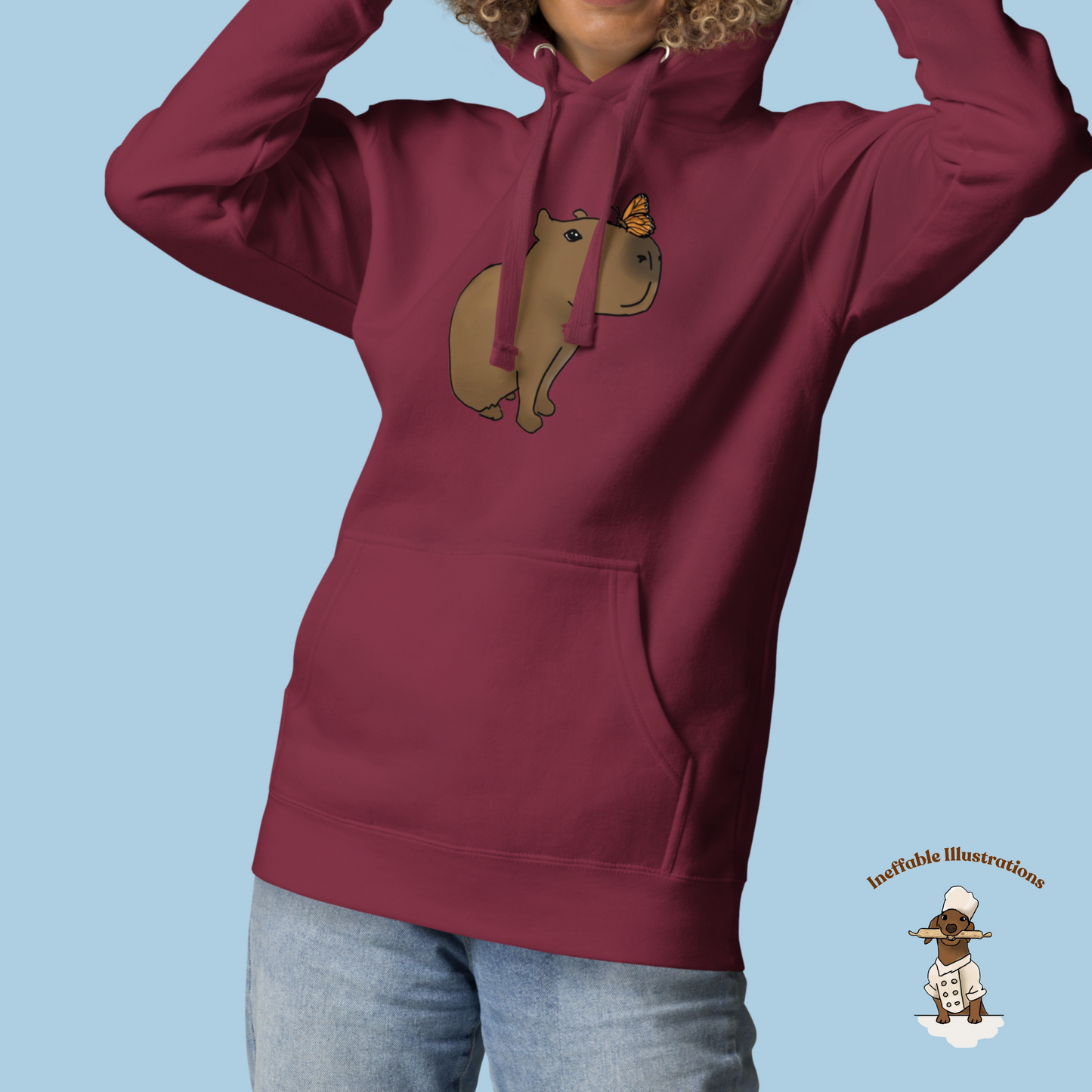 Unisex Hoodie with Cute Capybara Jolly with Butterfly Hand Drawn Print, Cozy & Stylish Apparel for Animal Lovers