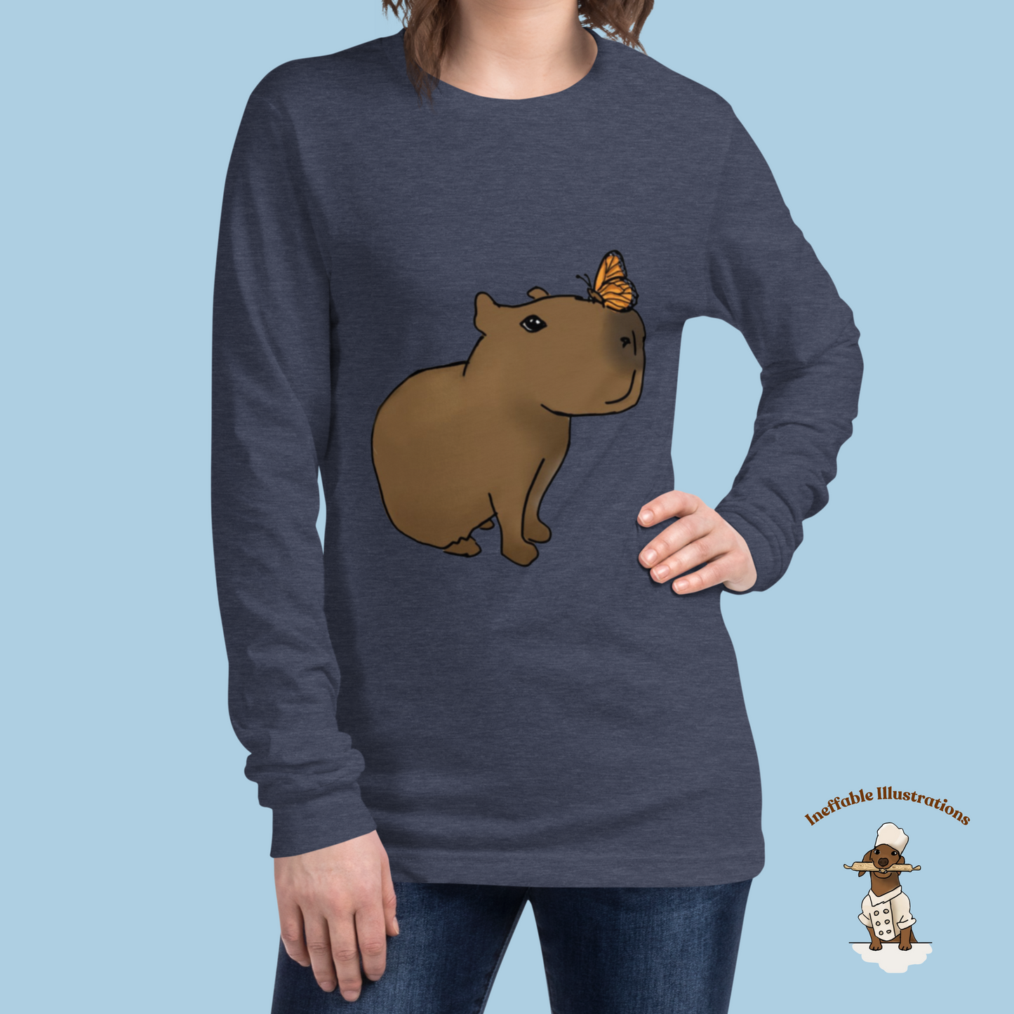 Shirt. Unisex Long Sleeve Shirt with cute Capybara Jolly with butterfly illustration, drawn by hand. Capybara shirt