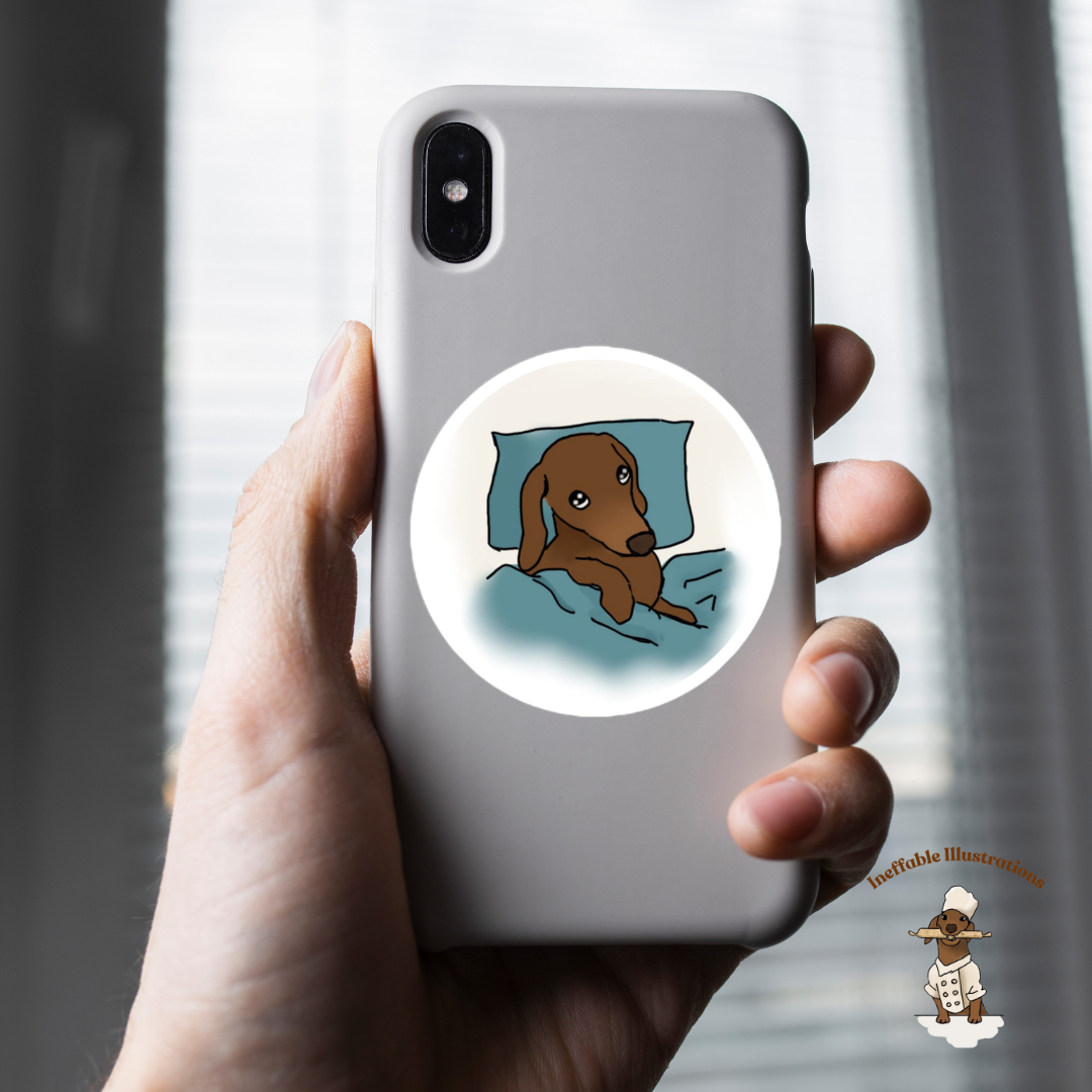 Sticker: Sleepy and lazy dachshund Oliver. Cute Dachshund Design, Lazy Dog Lovers Gift, Funny Pet Decal, Waterproof Vinyl Art