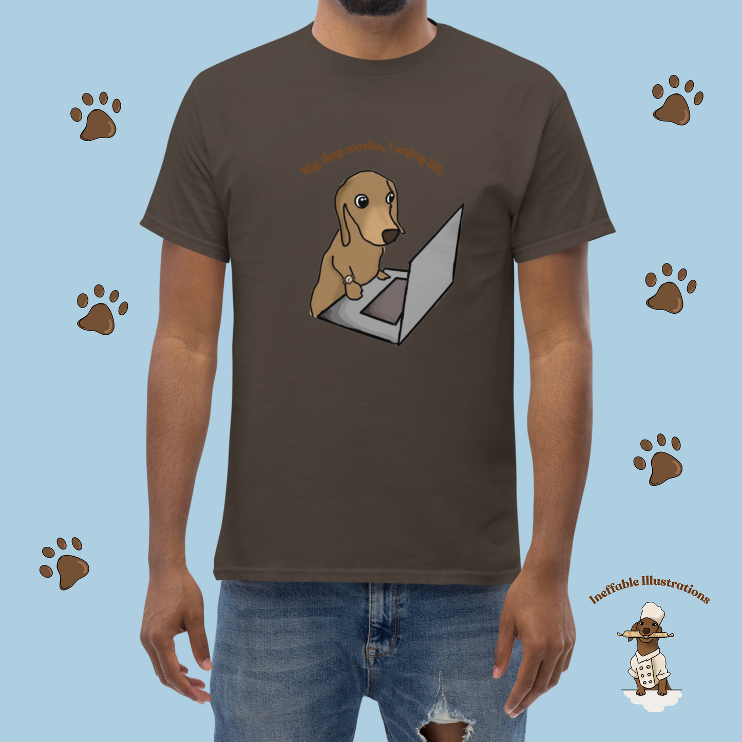 Shirt "Oliver works, I enjoy life". Funny Dog Illustration Tee | Hand-drawn Design | Trendy 100% Cotton Shirt