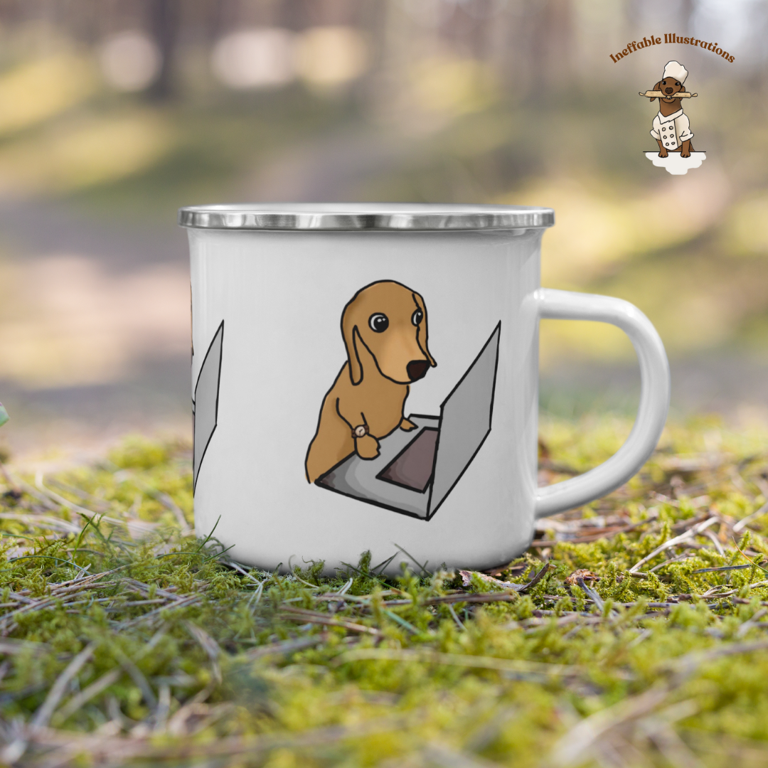 Mug. Enamal Mug "Oliver working on Computer". Cute sausage dog Enamel Mug. Dachshund lover gift