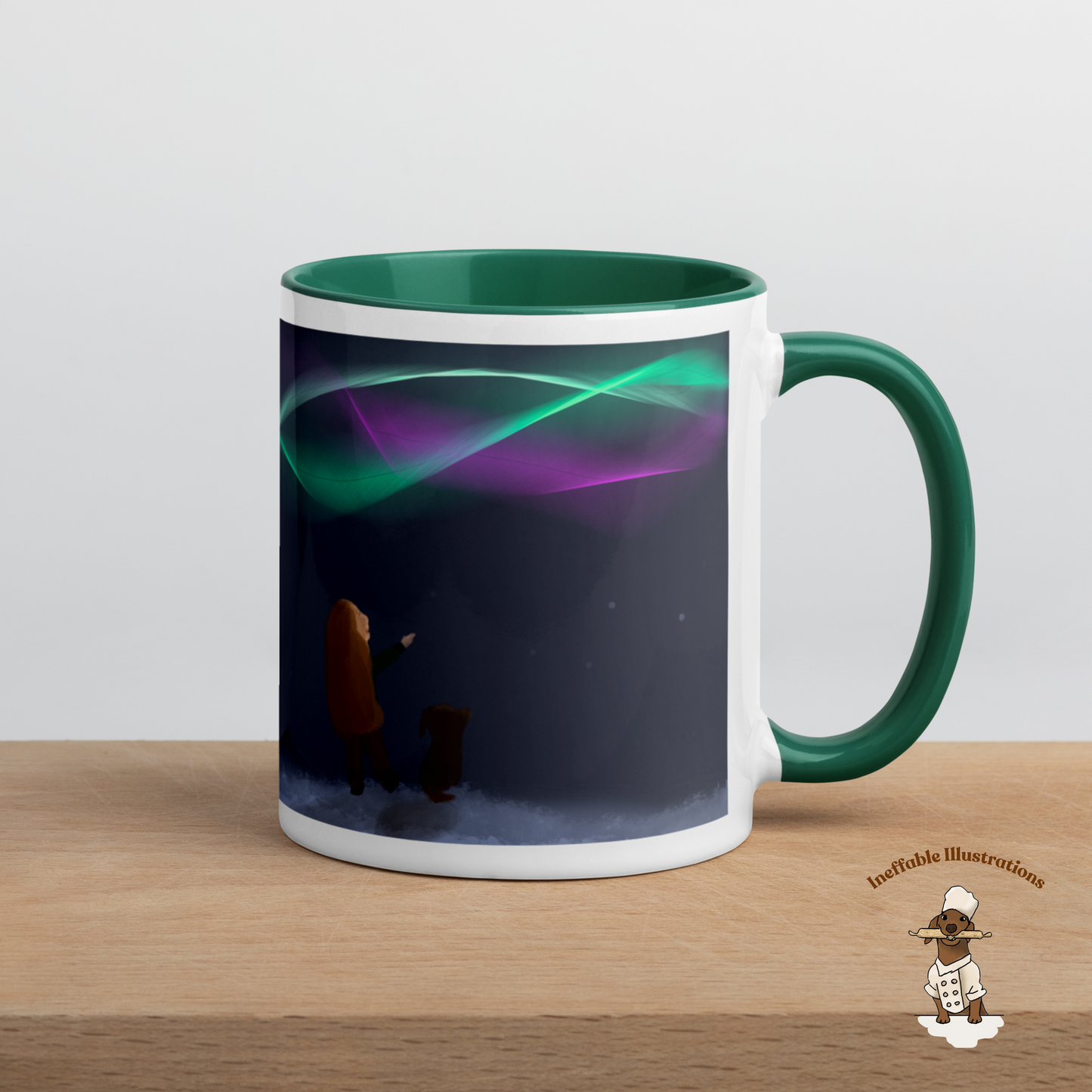 Christmas Mug. Magic Christmas Mug with Little Girl Molly & dachshund Oliver Watching Northern Lights | Cozy Holiday Gift, Colored Inside. Drawn by hand