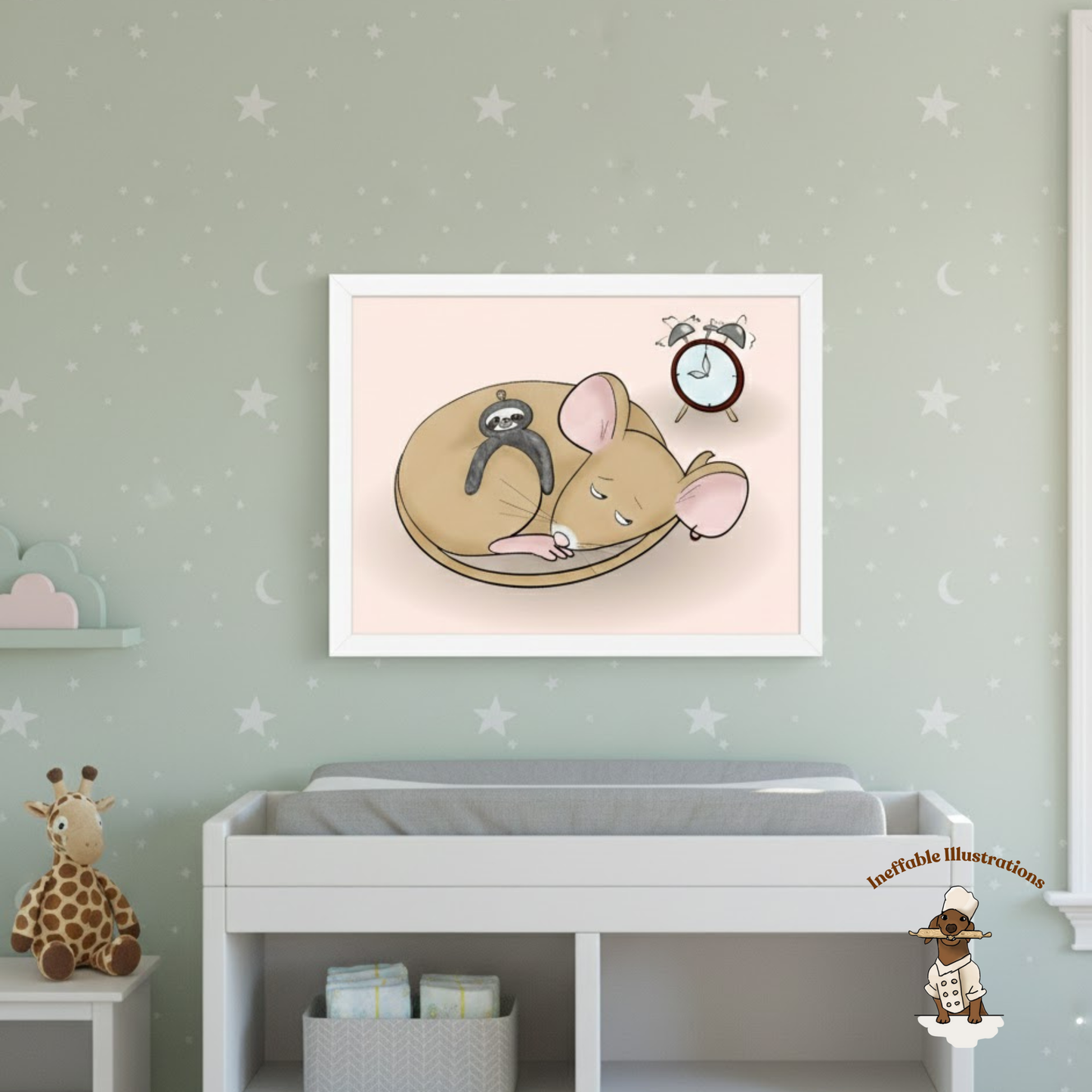Sleepy Pedro Mouse with Sloth Toy - Nursery & Kids Room Framed Poster