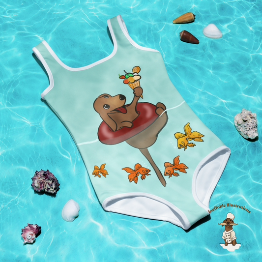 Kids Swimsuit Cute Dachshund Oliver Floating in Sea with Ice Cream & Small Fishes Underwater Beachwear - Ineffable Illustrations