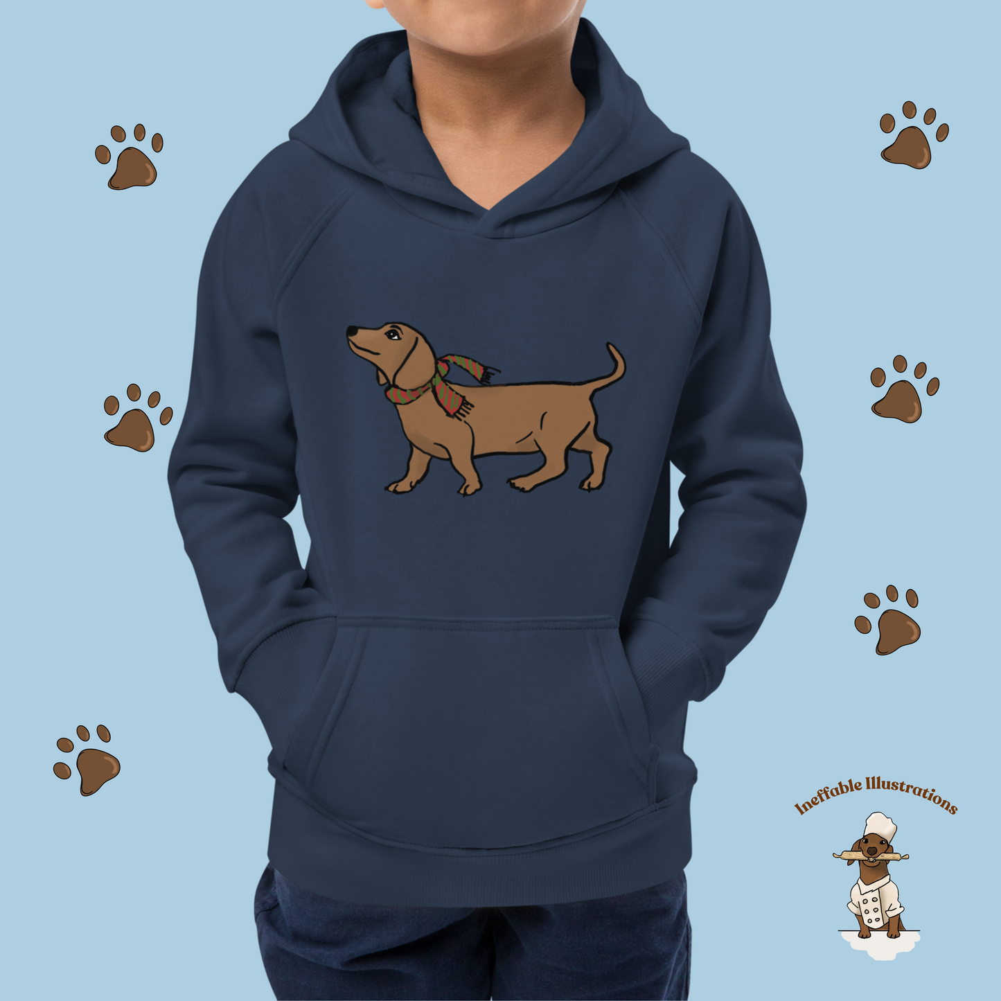 Kids Eco Hoodie with Cute Dachshund Oliver with Scar - Sustainable Children's Apparel, Perfect Gift for Dog Lovers, Hand drawn illustration