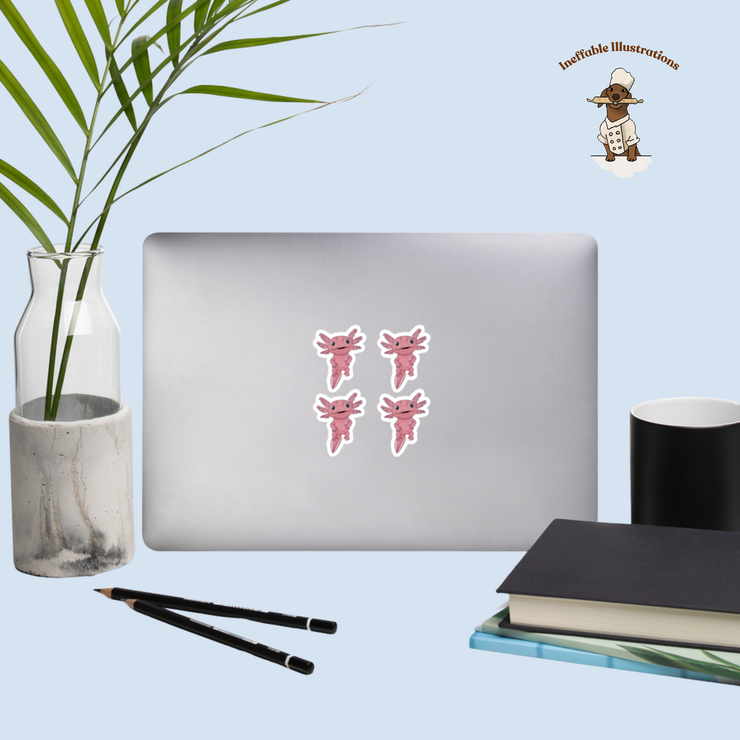 Cute Axolotl Alex Stickers Bubble Free, Waterproof Decorative Decals for Laptops, Phones & Notebooks - Ineffable Illustrations