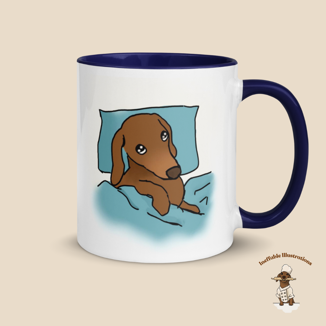 Mug "Sleepy Oliver". Dachshund Mug with Color Inside - Hand-Illustrated Cute Dog Design by Teen Artist, Unique Gift for Dog Lovers & Pet Owners