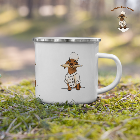 Mug. Enamel Mug "Oliver cooking". Cute Sausage Dog Chef Mug for Cooking & Coffee Lovers, Unique Gift for Dog Owners