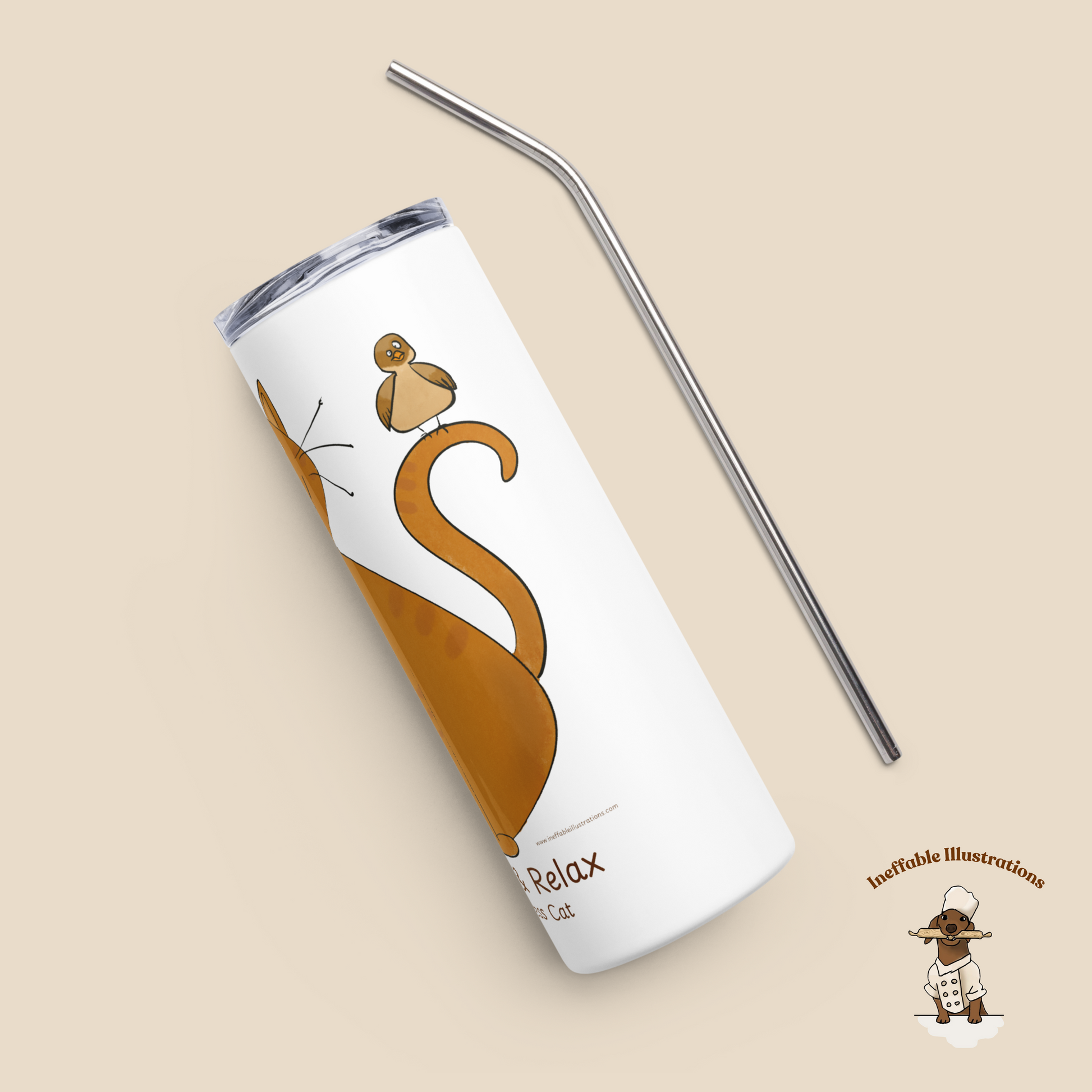 Funny Ginger Cat Stainless Steel Tumbler – Hand-Drawn Anti-Stress Cat, Reusable Travel Tumbler with Metal Straw - Ineffable Illustrations