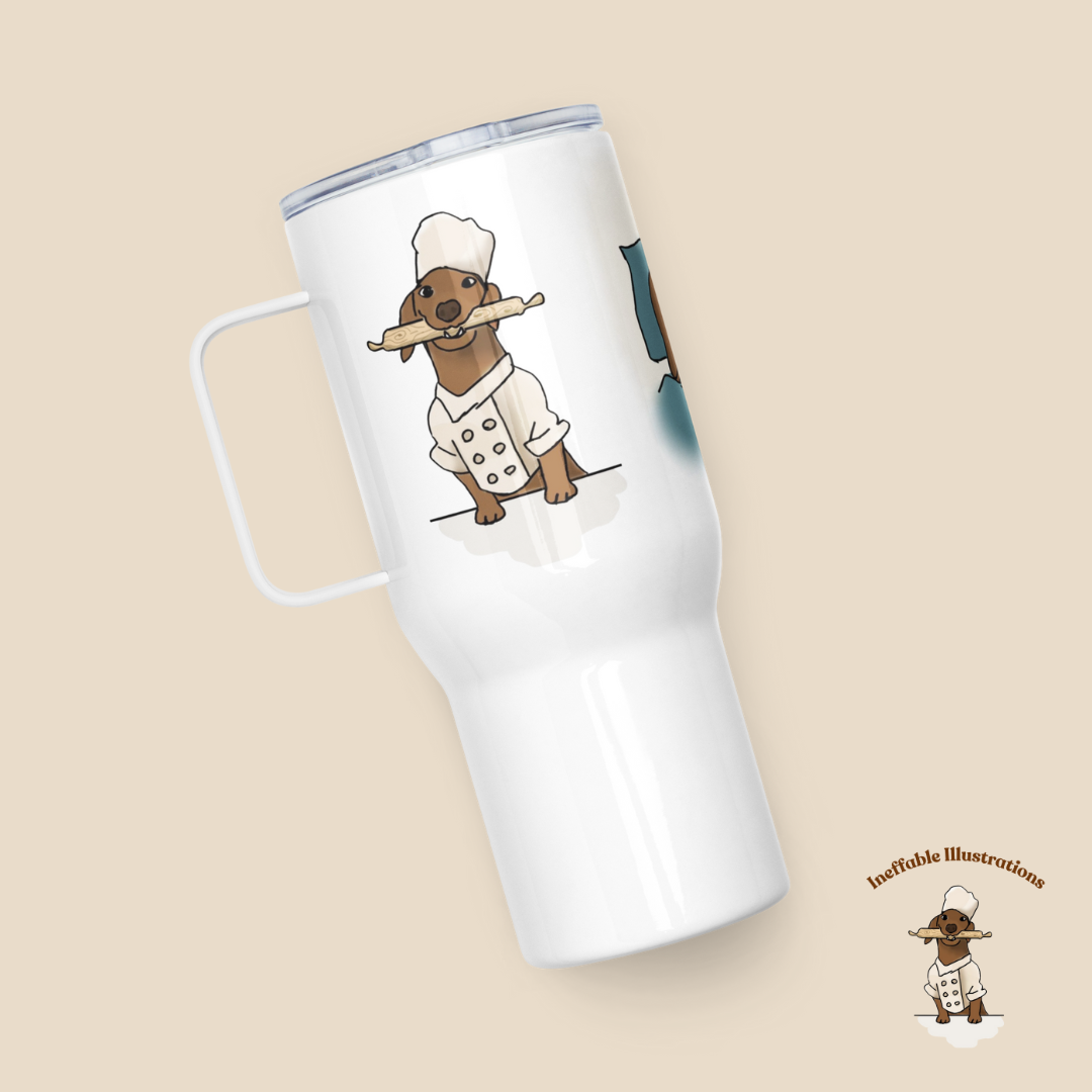 Mug "Oliver traveling with you". Dachshund Travel Mug with Handle: Cute dachshund Oliver Working on Computer, Cooking & Relaxing- Perfect Coffee Mug for any Activity!