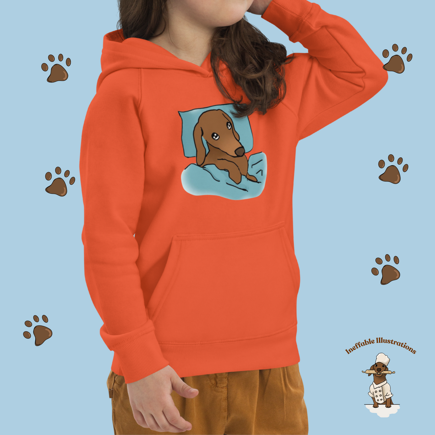 Kids Eco Hoodie with Sleepy Dachshund Oliver Illustration, Hand Illustrated, Cute Eco-Friendly Sweatshirt, Perfect Gift for Children