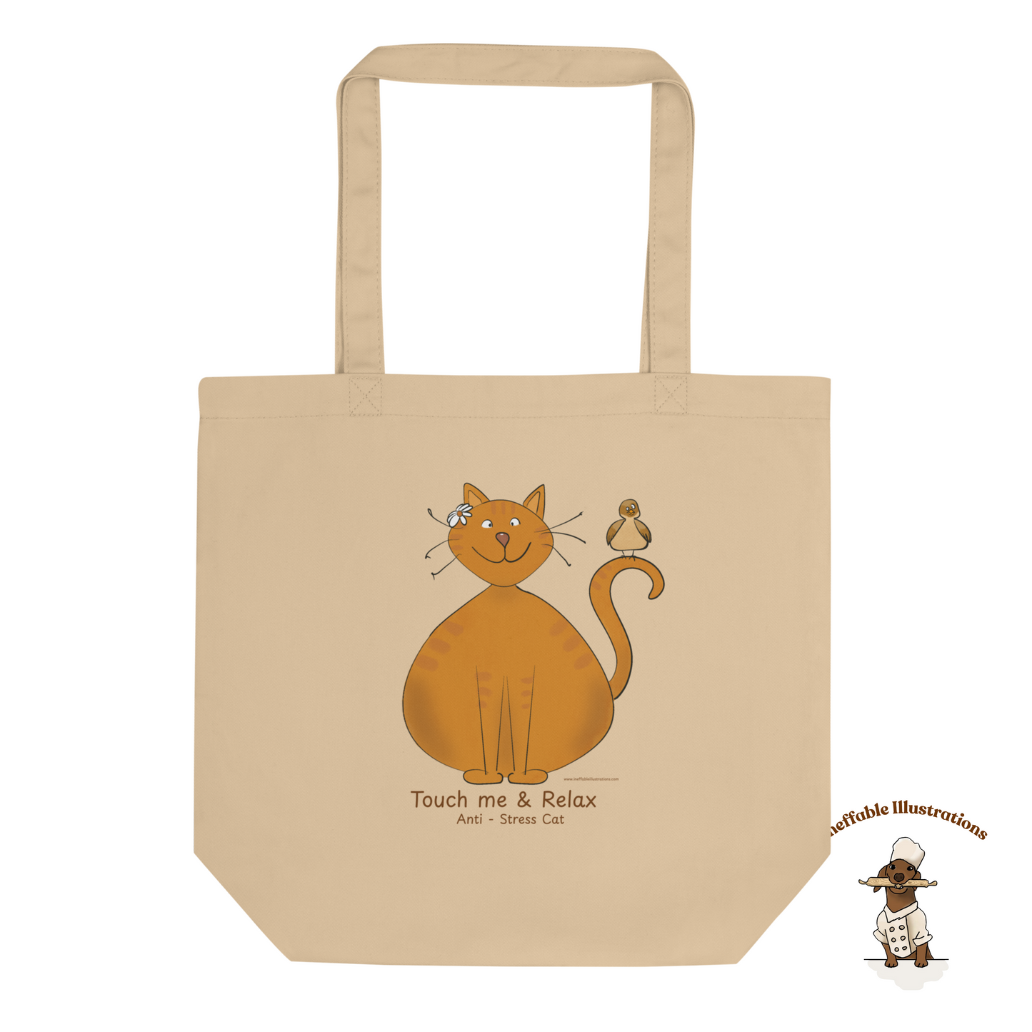 Funny Ginger Cat Tote Bag – Hand-Drawn Anti-Stress Cat with Relaxed Bird on Tail Design | Eco-Friendly Cotton Canvas Reusable Shopping Bag - Ineffable Illustrations