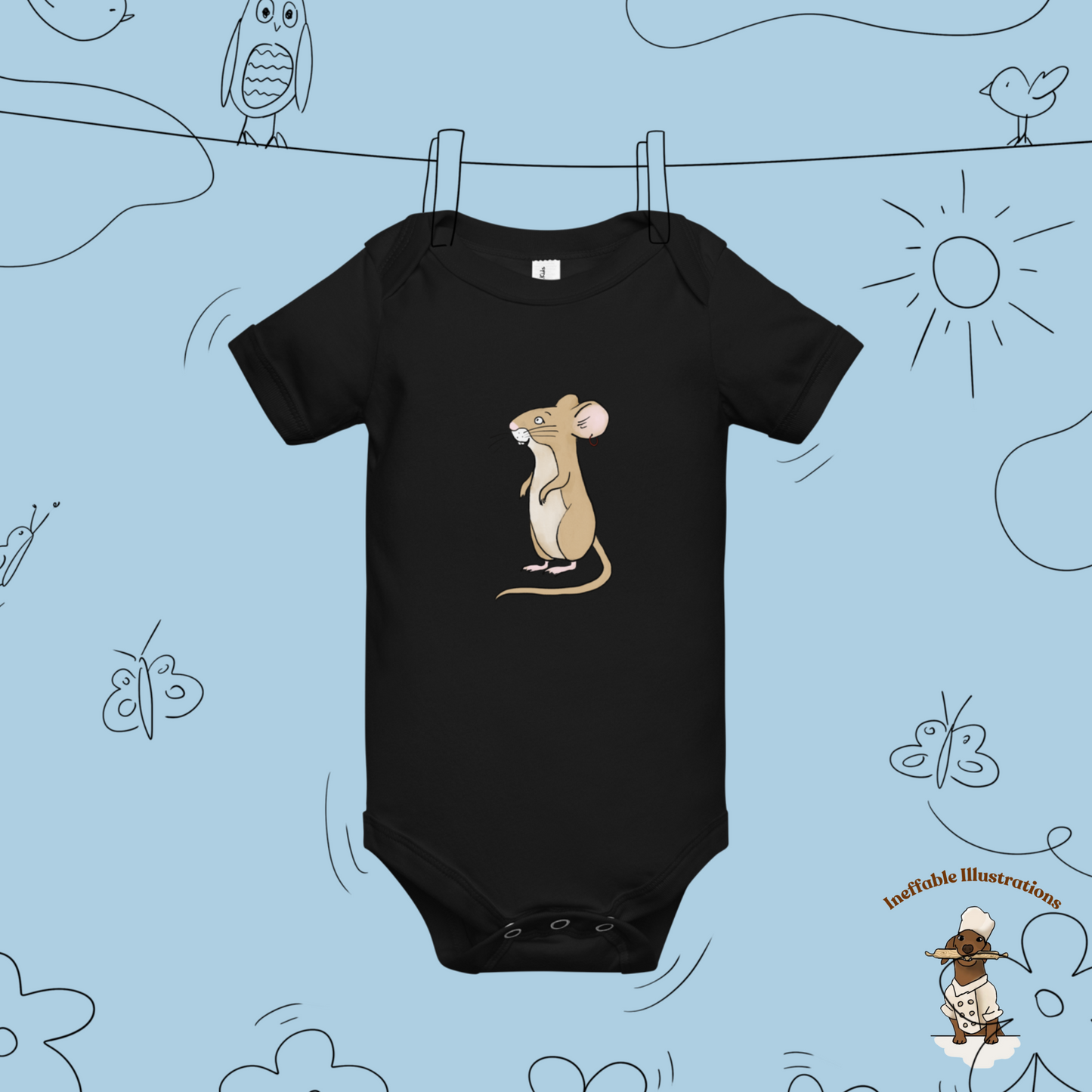 Baby Short Sleeve One Piece with Cute Mouse Pedro | Adorable Infant Bodysuit | Baby Shower Gift & Newborn Outfit