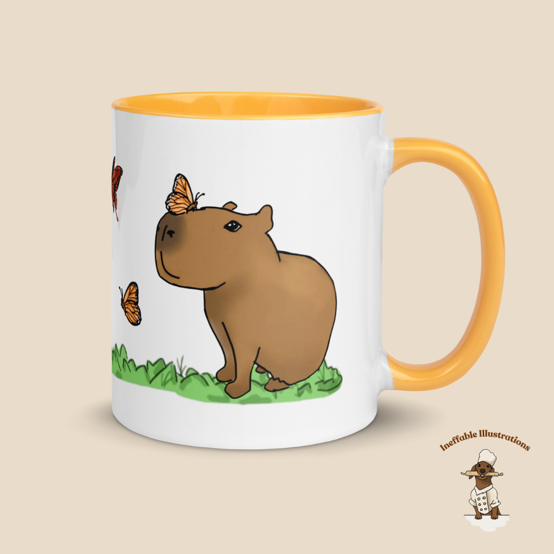 Mug "Jolly playing with butterflies". Hand-drawn Capybaras and Butterflies Ceramic Mug - Colorful and Charming!