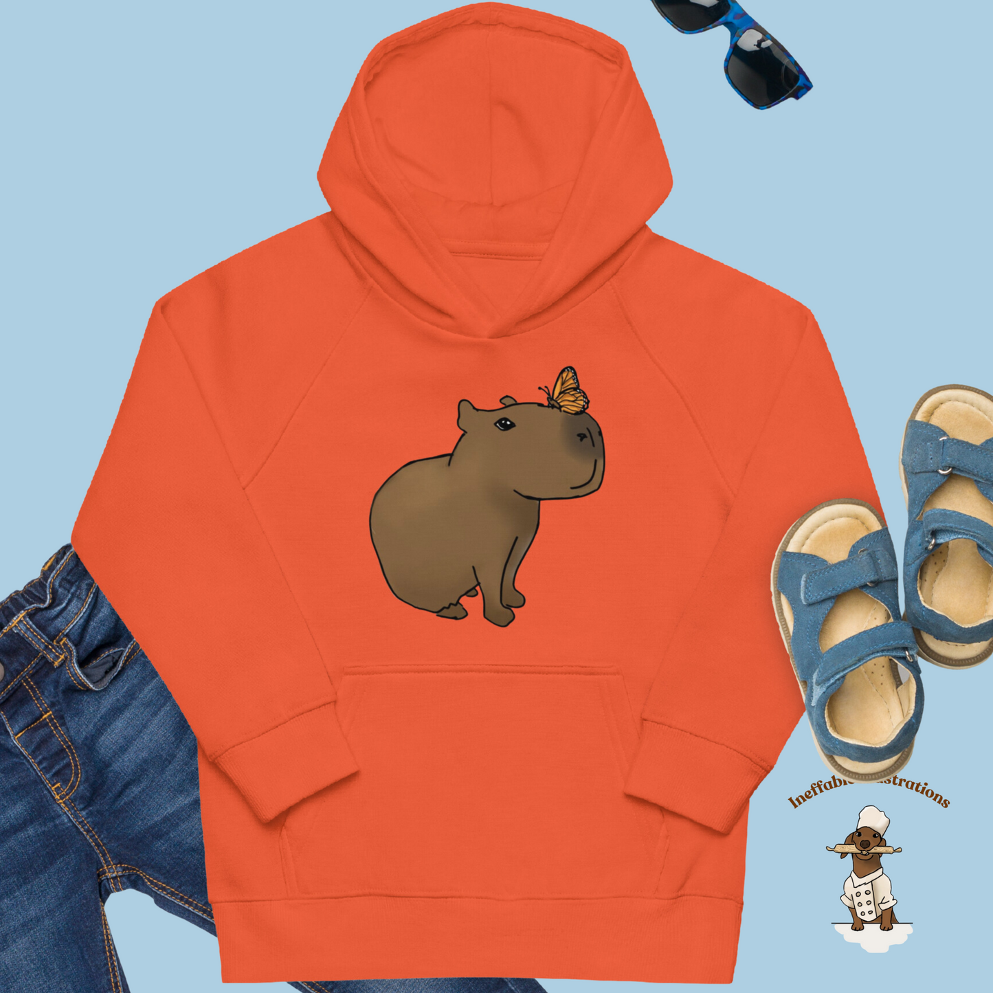 Kids Eco Hoodie with Capybara Jolly and Butterfly Design Drawn by Hand | Comfortable Organic Cotton Sweatshirt for Boys and Girls