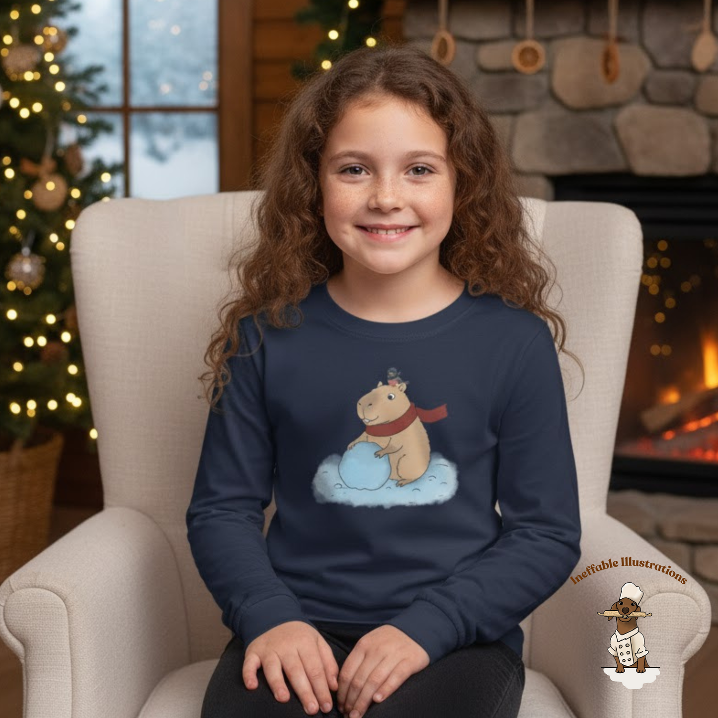 Jolly Capybara Christmas Youth Long Sleeve Tee - Festive Winter Snowman Design