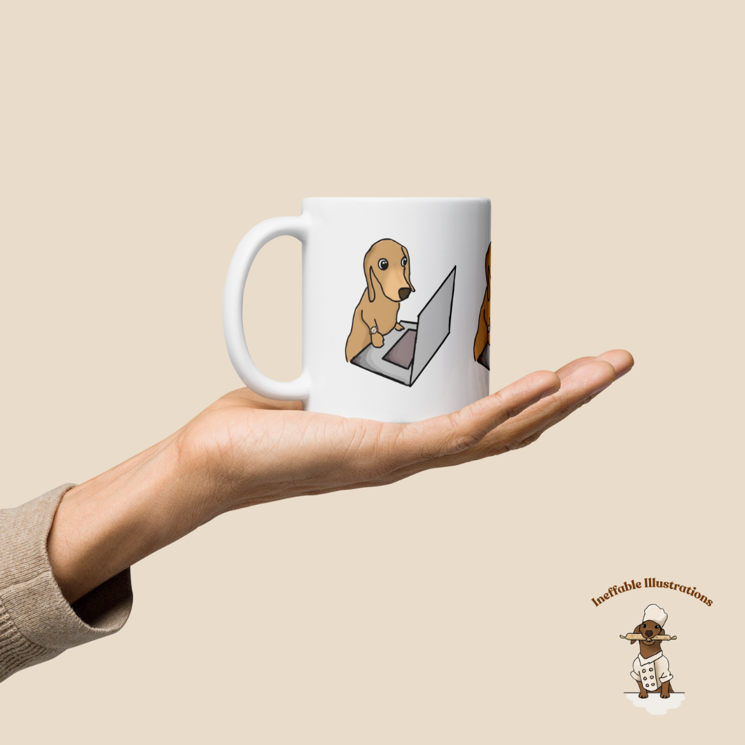 Mug "Dachshund Oliver working on computer". Cute sausage dog mug. White glossy mug.