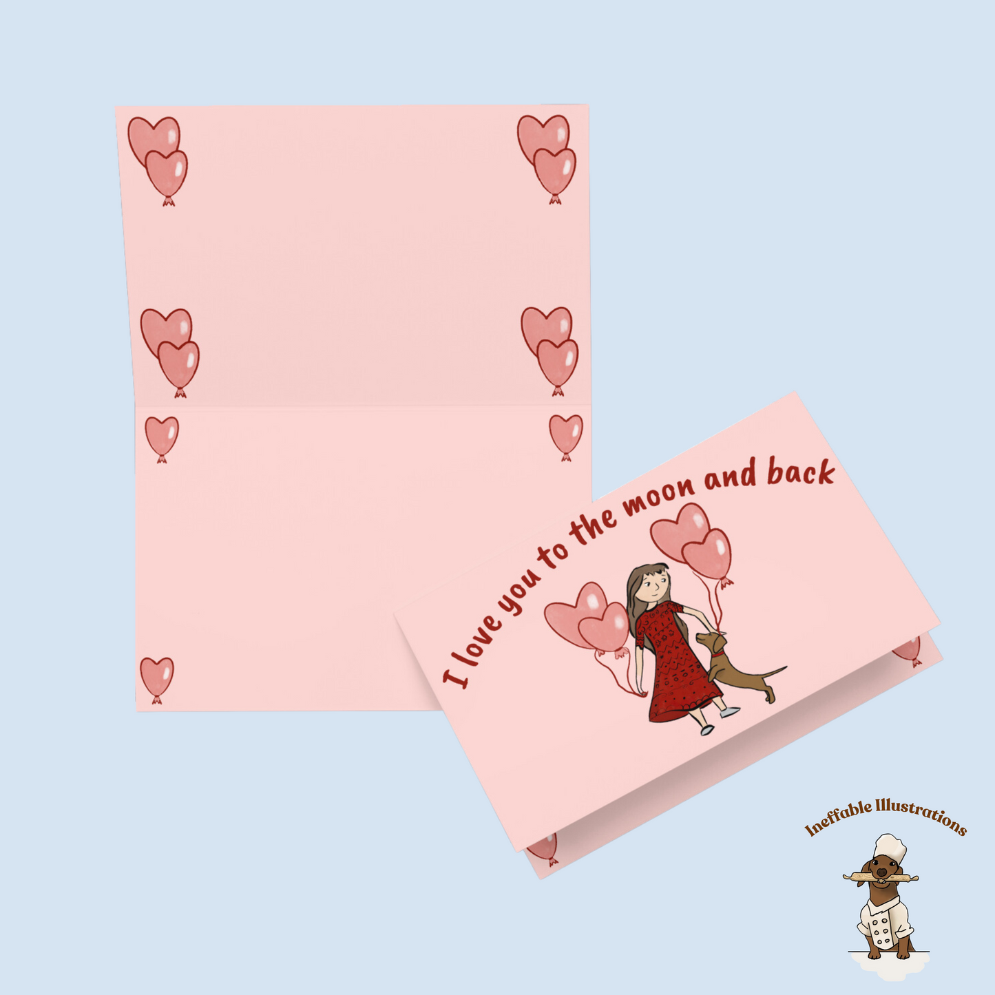 St. Valentin Greeting Card with Cute Dachshund & Girl - I Love You to the Moon and Back, Dog Lover Gift