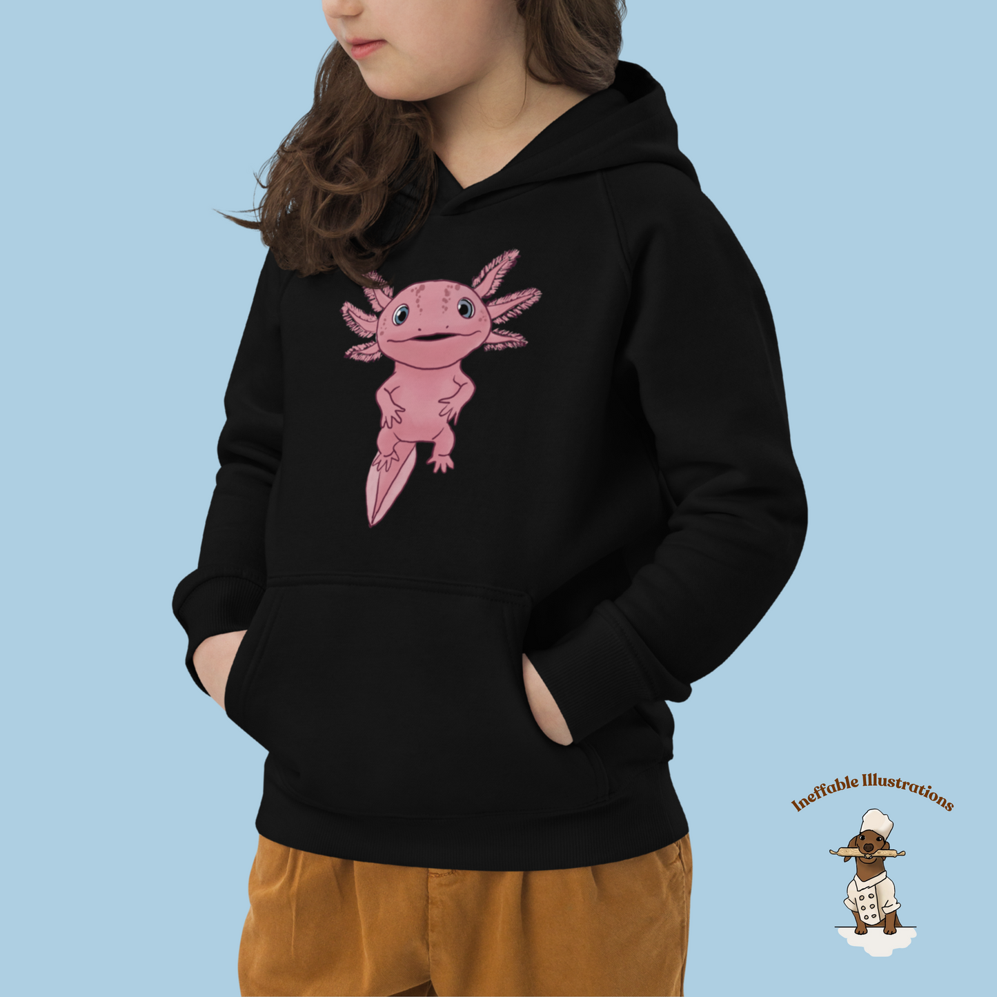 Kids Eco Hoodie with Cute Axolotl Albert - Organic Cotton, Eco-Friendly, Adorable Design for Boys & Girls, Sustainable Fashion