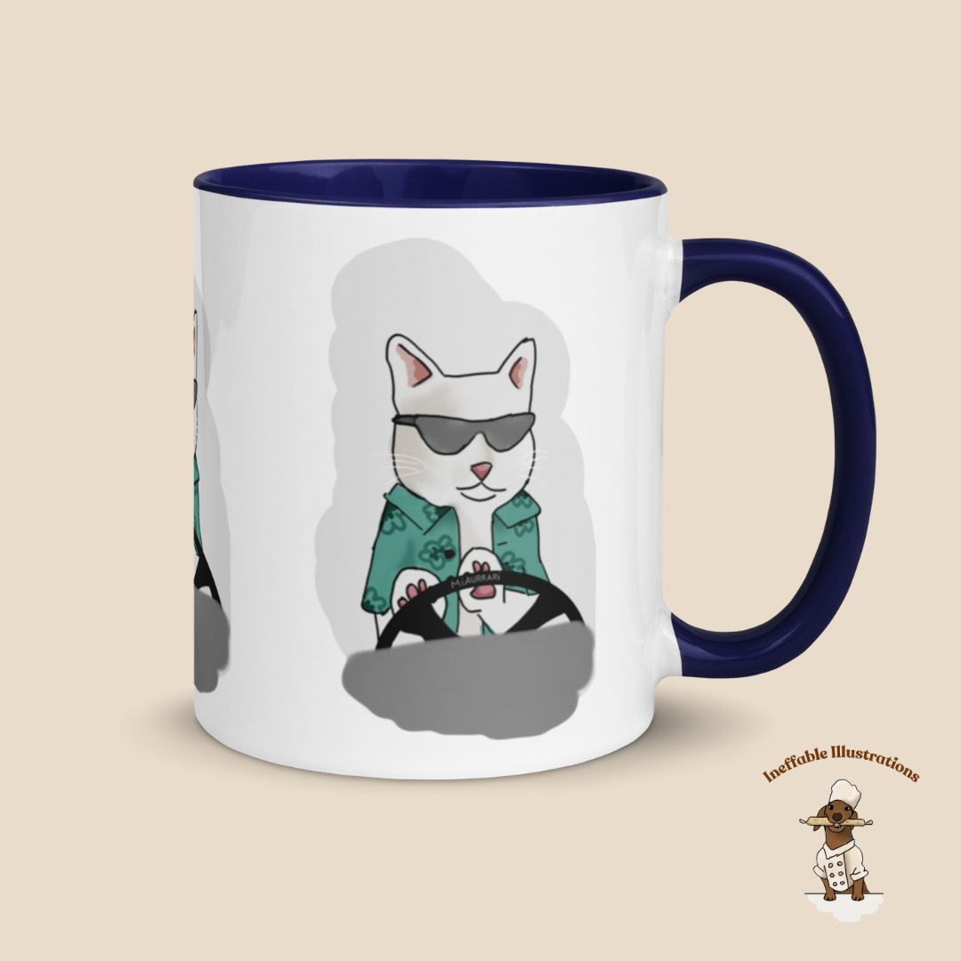 Mug "Ralph driving his luxury car Miaurrari". Cat Driving Car Mug | Funny Illustrated Coffee Cup with Color Inside | Hand-Drawn Design for Cat Lovers | Unique Gift Idea