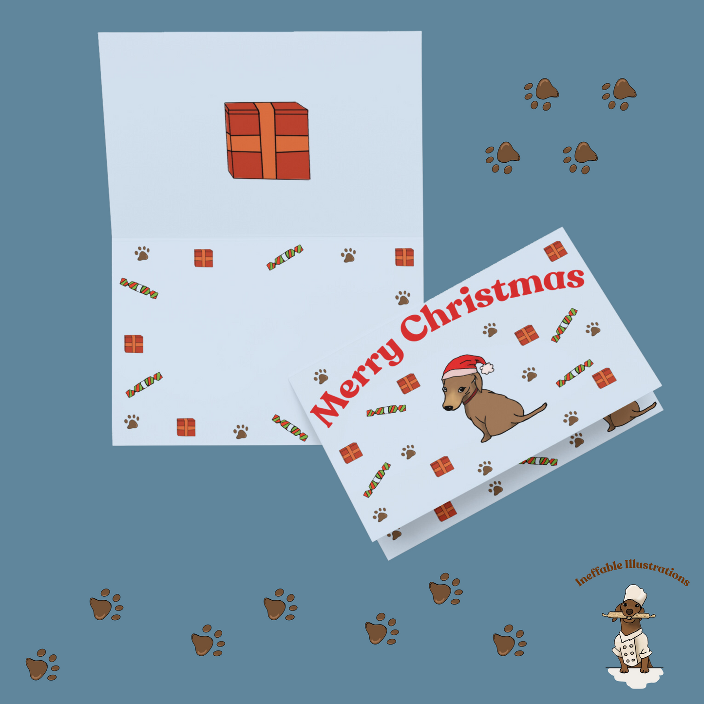 Christmas Dachshund Greeting Card with Dachshund Oliver & Gifts, Cute Holiday Card for Pet Lovers, Funny Dog Card for Xmas