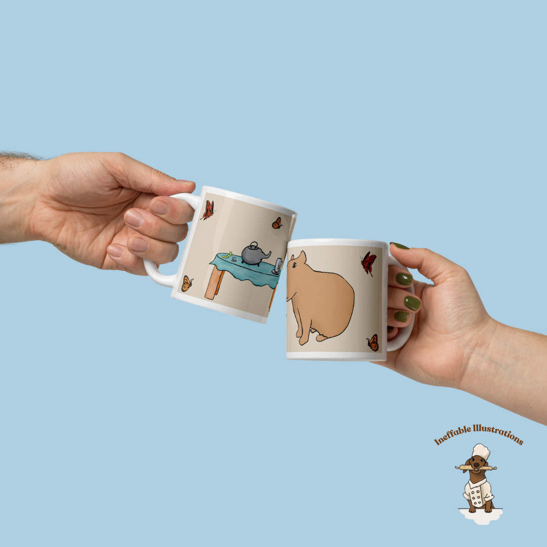 Capybara Mug - White Glossy Tea Cup with Jolly Capybara, Caterpillar & Butterflies, Cute Animal Coffee Mug, Gift for Animal Lovers