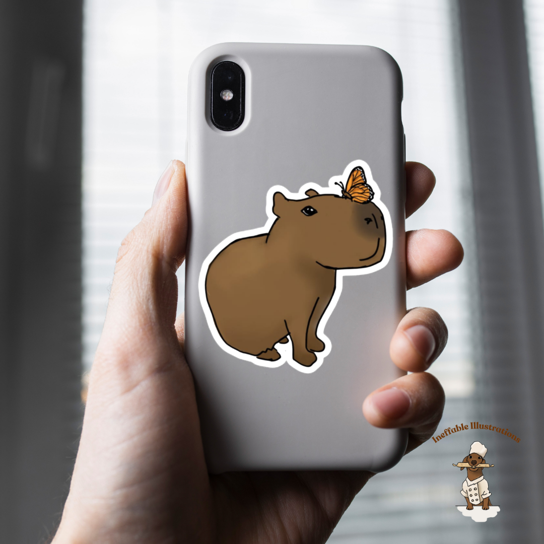 Sticker "Jolly with butterfly". Cute Hand Drawn Capybara Jolly and Butterfly Sticker - Cheers you up and Inspires Daily!