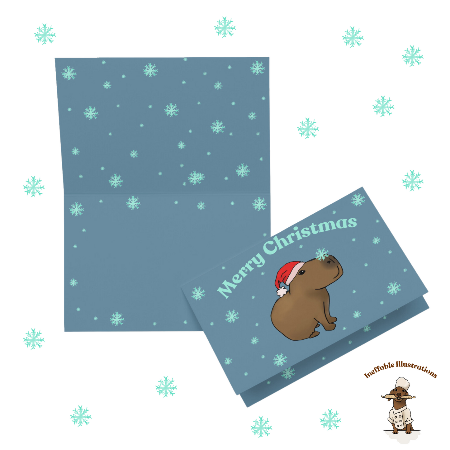 Capybara Christmas Greeting Card | Capybara Jolly Playing with Snowflakes | Cute Holiday Card for Winter Greetings
