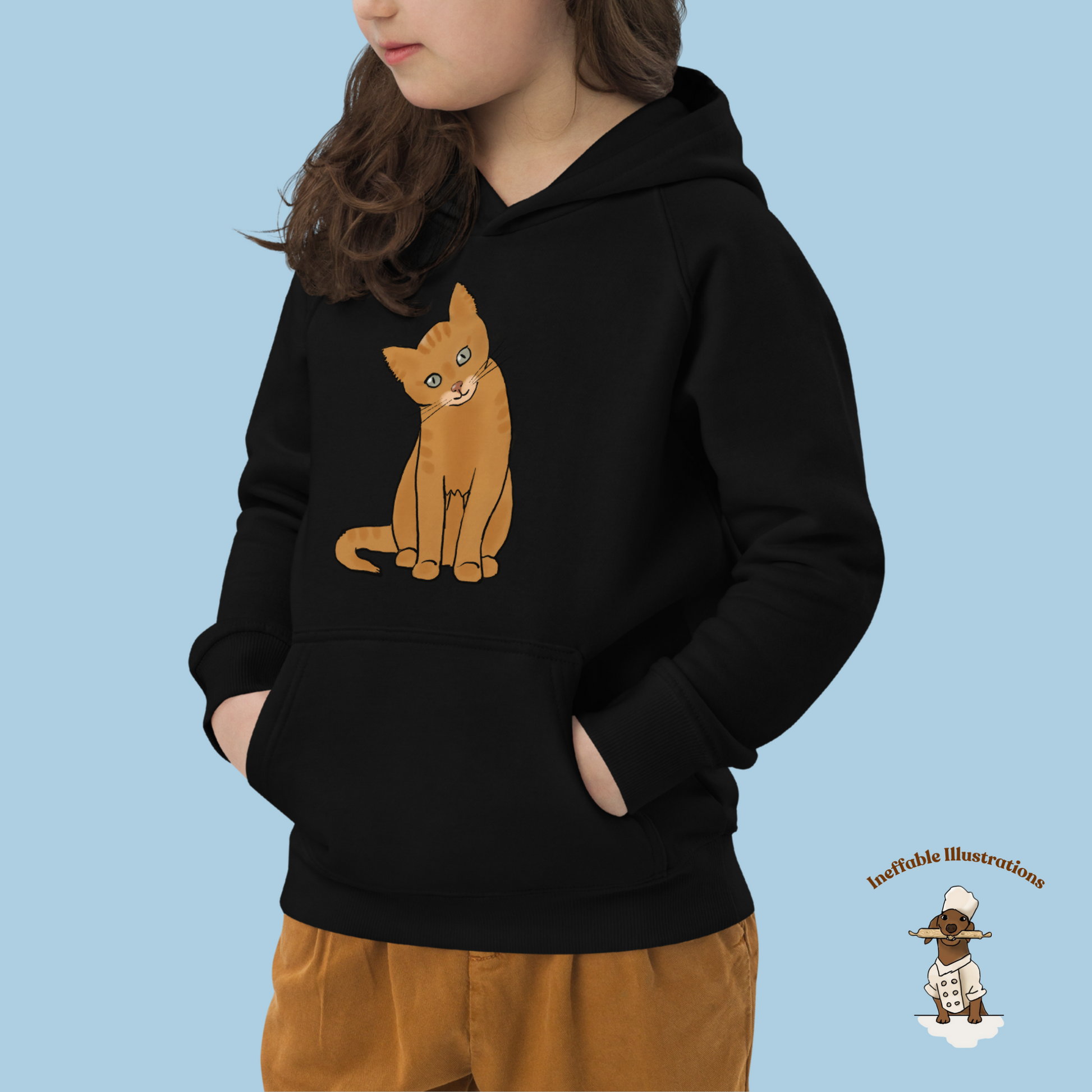 Kids Eco Hoodie with Cute Ginger Cat Design, Sustainable & Cozy, Perfect for Cat Lovers, Eco-Friendly Apparel - Ineffable Illustrations